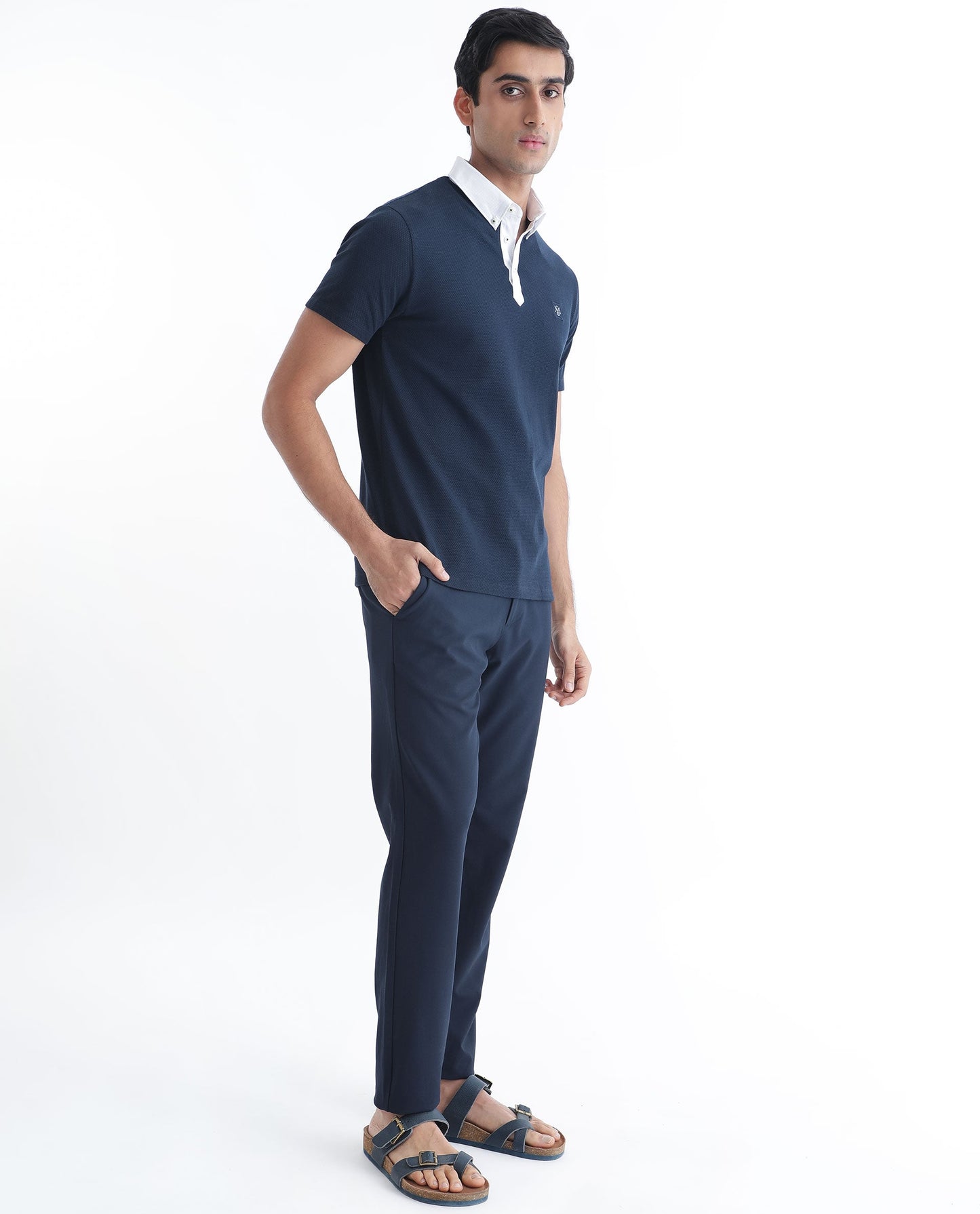 Rare Rabbit Men's Parmat Navy Cotton Fabric Collared Neck Half Sleeves Woven Textured Popcorn Polo T-Shirt