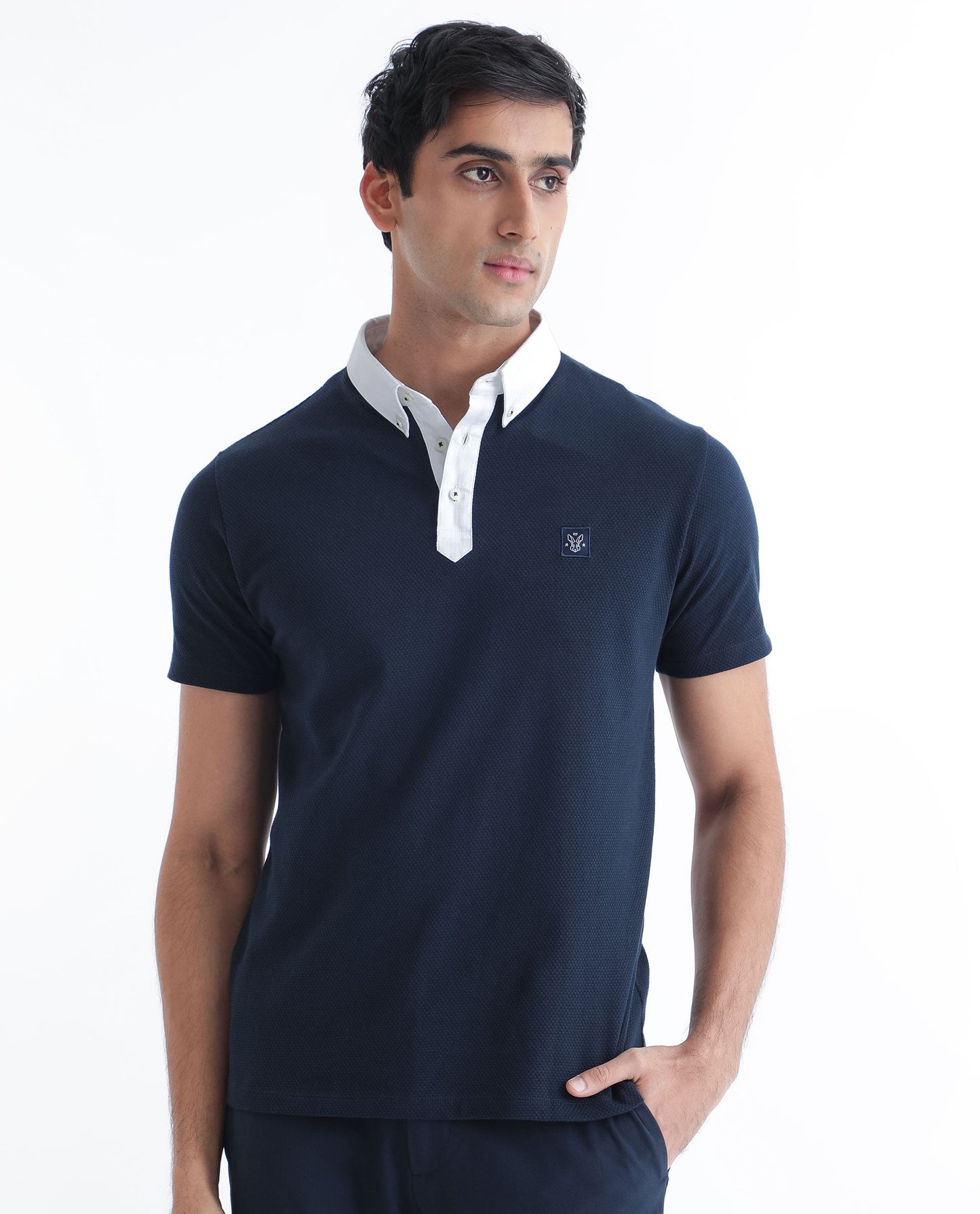Rare Rabbit Men's Parmat Navy Cotton Fabric Collared Neck Half Sleeves Woven Textured Popcorn Polo T-Shirt