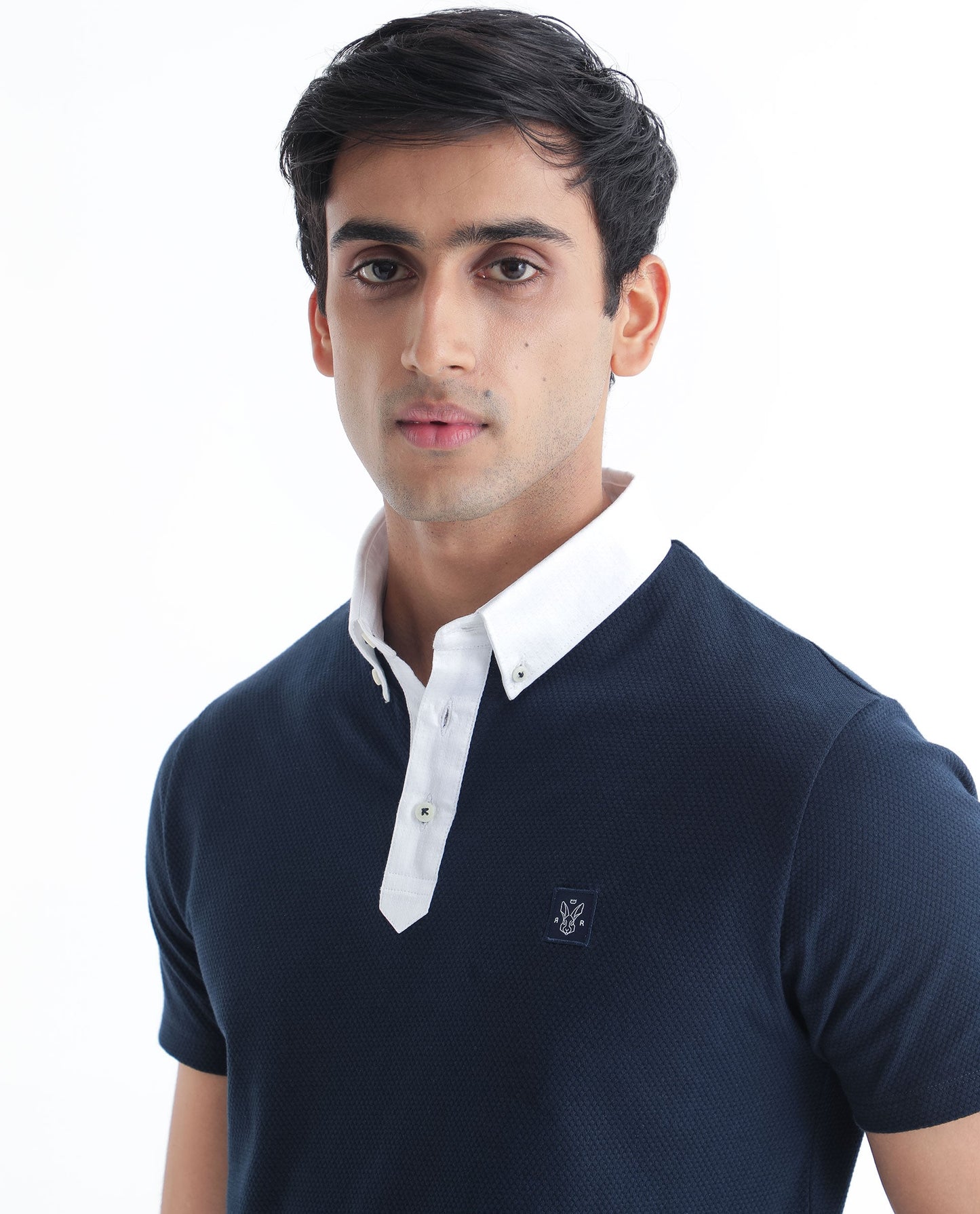 Rare Rabbit Men's Parmat Navy Cotton Fabric Collared Neck Half Sleeves Woven Textured Popcorn Polo T-Shirt