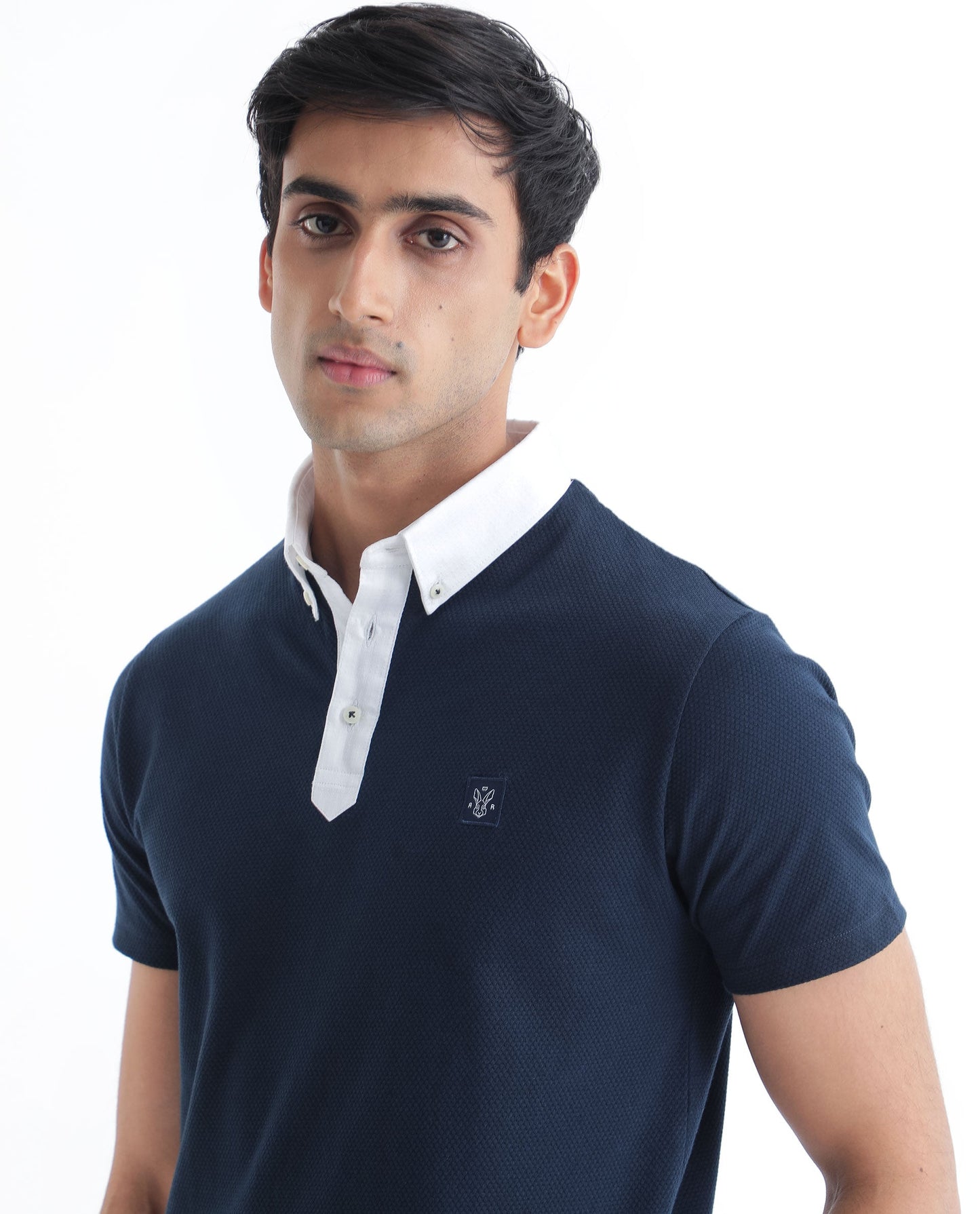 Rare Rabbit Men's Parmat Navy Cotton Fabric Collared Neck Half Sleeves Woven Textured Popcorn Polo T-Shirt