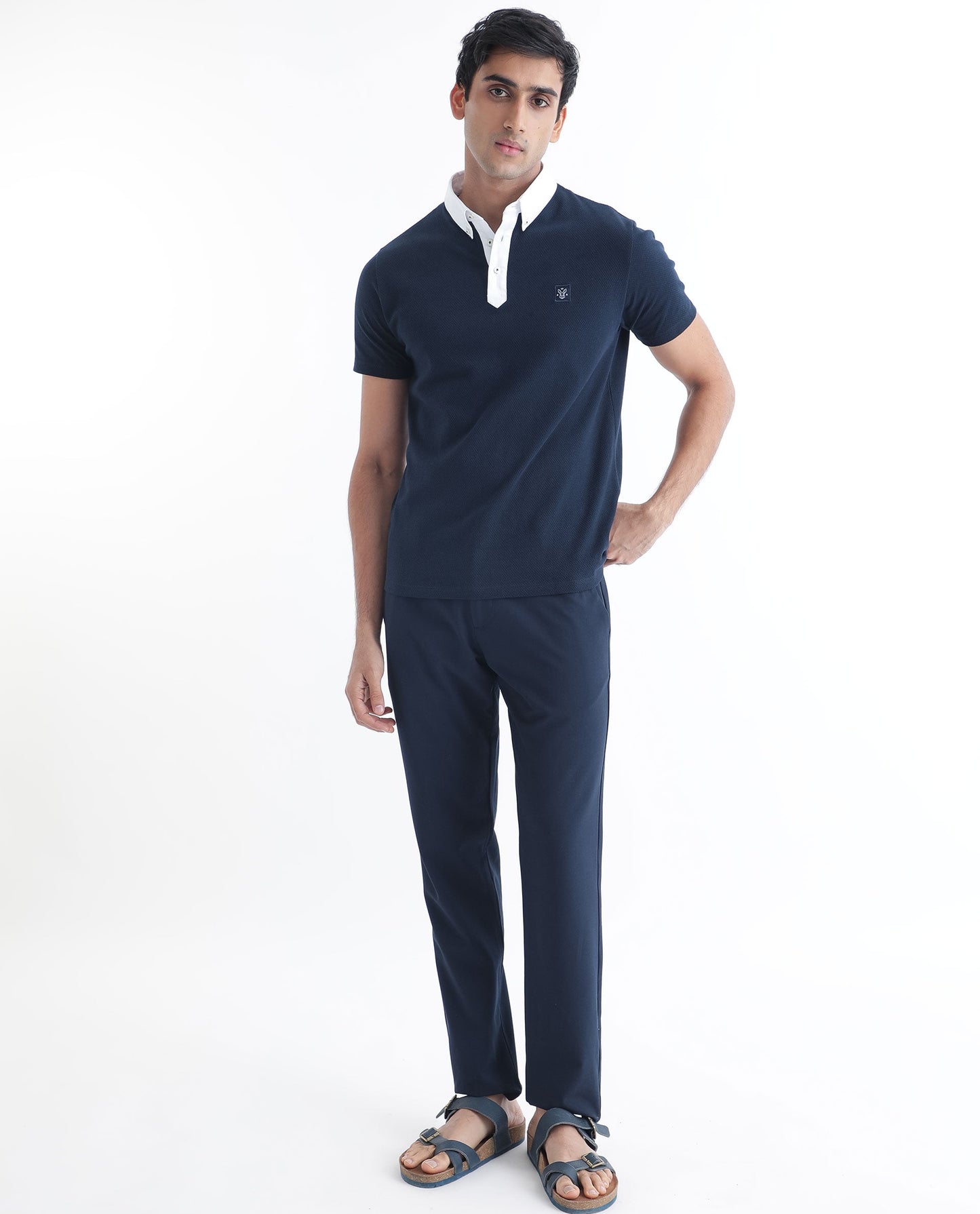 Rare Rabbit Men's Parmat Navy Cotton Fabric Collared Neck Half Sleeves Woven Textured Popcorn Polo T-Shirt