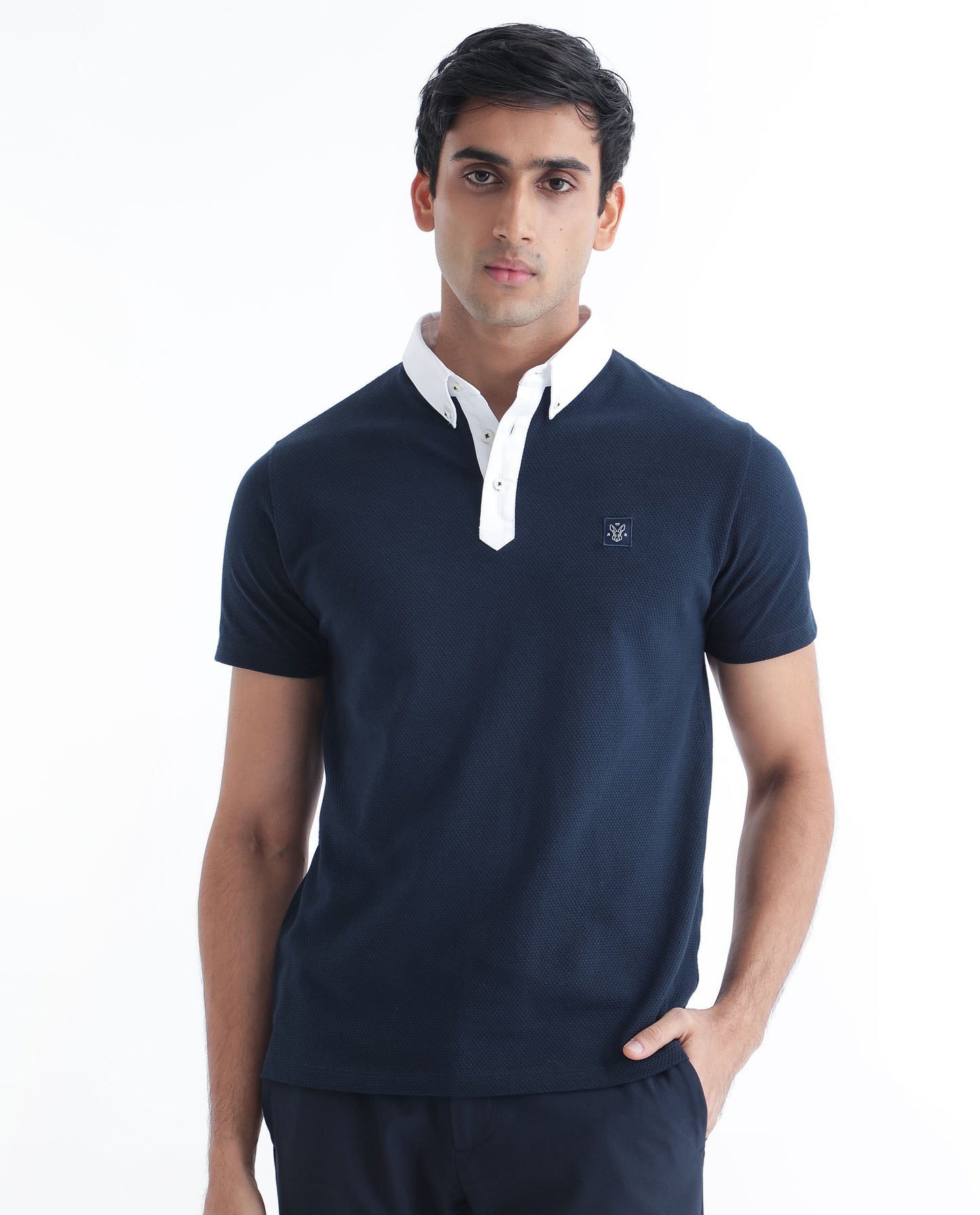 Rare Rabbit Men's Parmat Navy Cotton Fabric Collared Neck Half Sleeves Woven Textured Popcorn Polo T-Shirt