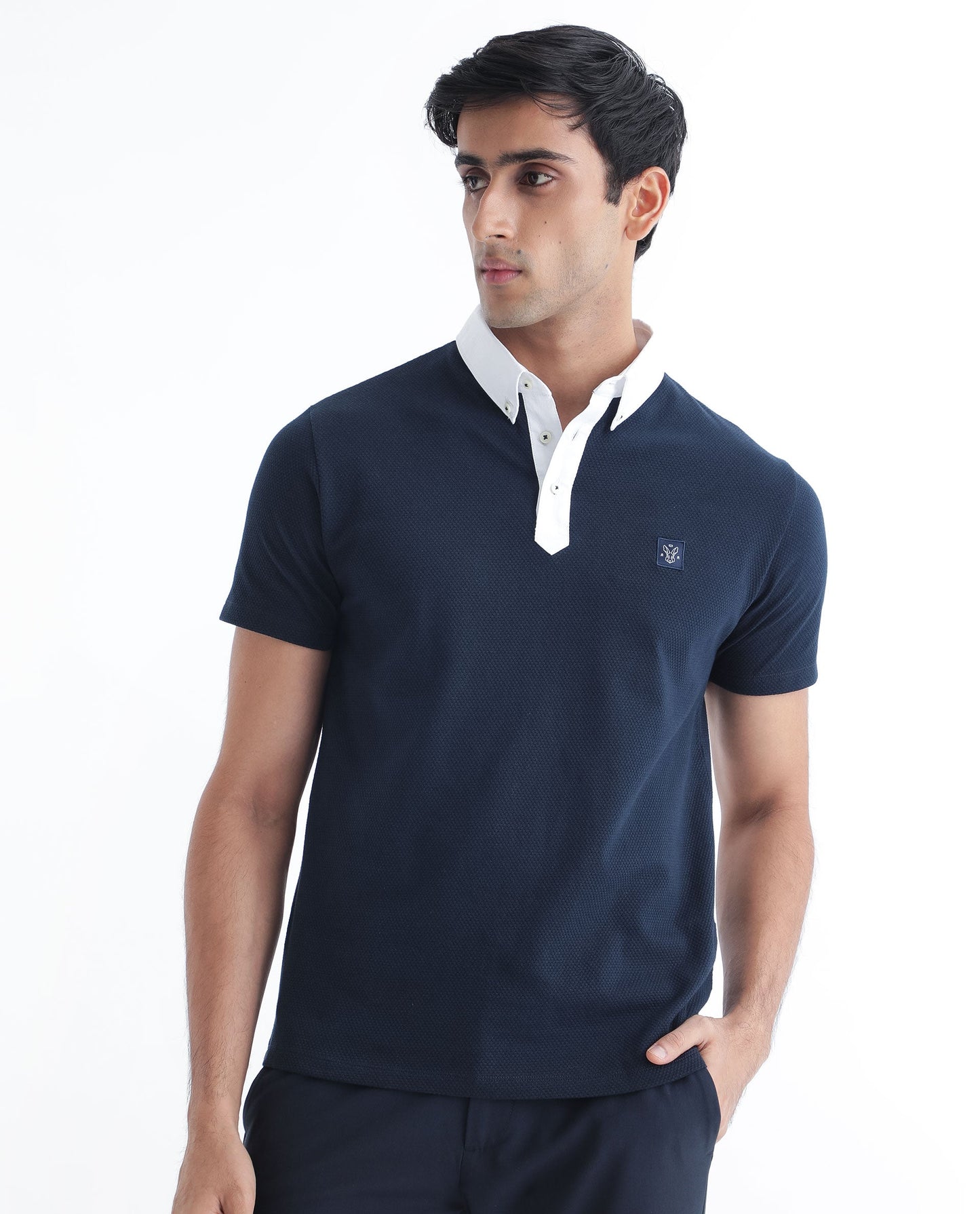 Rare Rabbit Men's Parmat Navy Cotton Fabric Collared Neck Half Sleeves Woven Textured Popcorn Polo T-Shirt