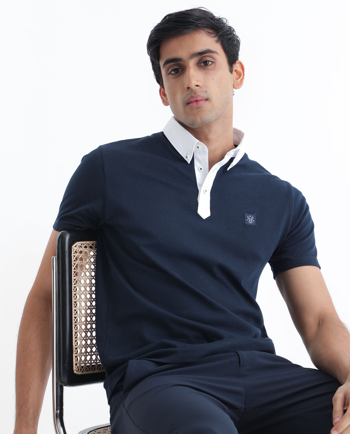 Rare Rabbit Men's Parmat Navy Cotton Fabric Collared Neck Half Sleeves Woven Textured Popcorn Polo T-Shirt