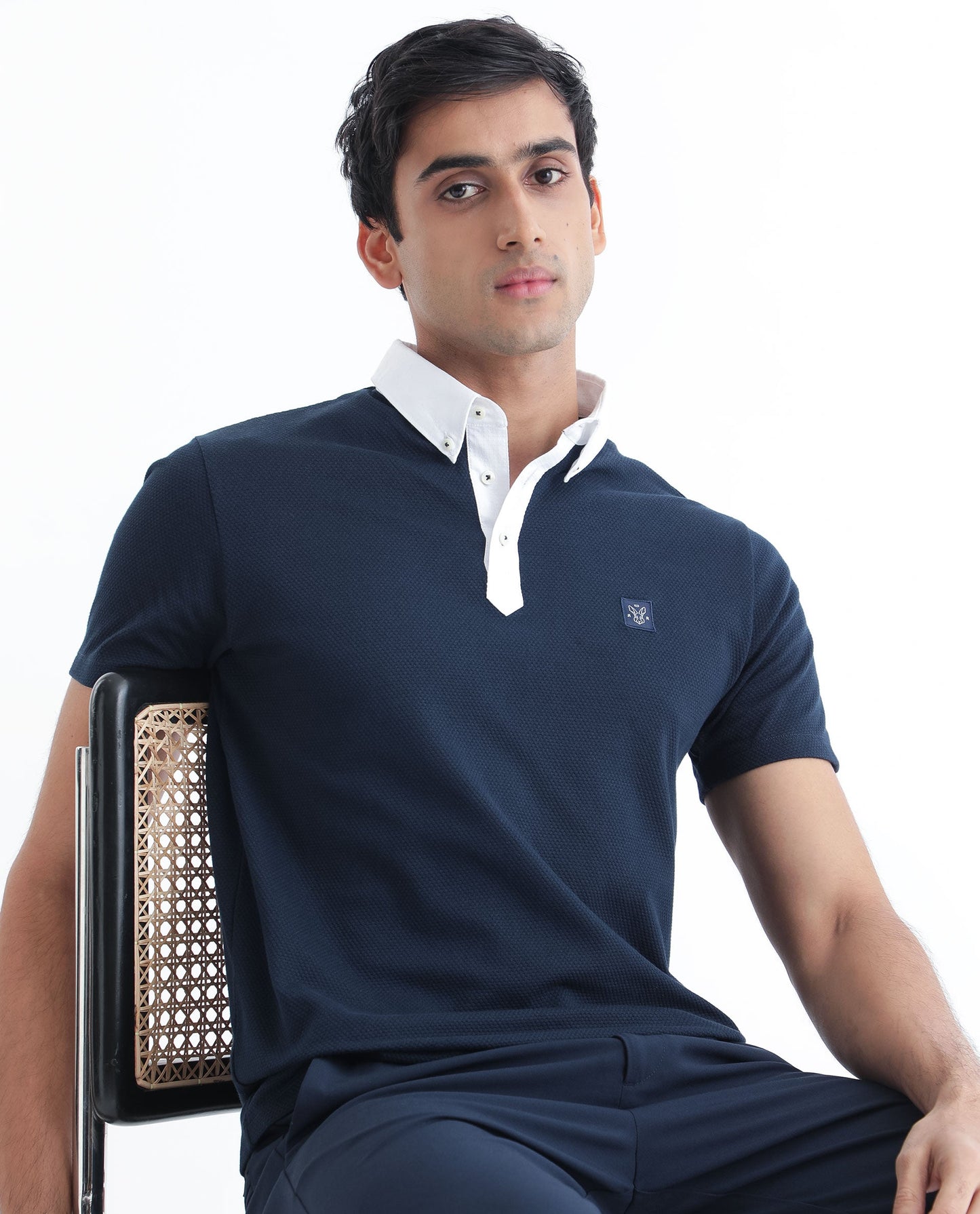 Rare Rabbit Men's Parmat Navy Cotton Fabric Collared Neck Half Sleeves Woven Textured Popcorn Polo T-Shirt