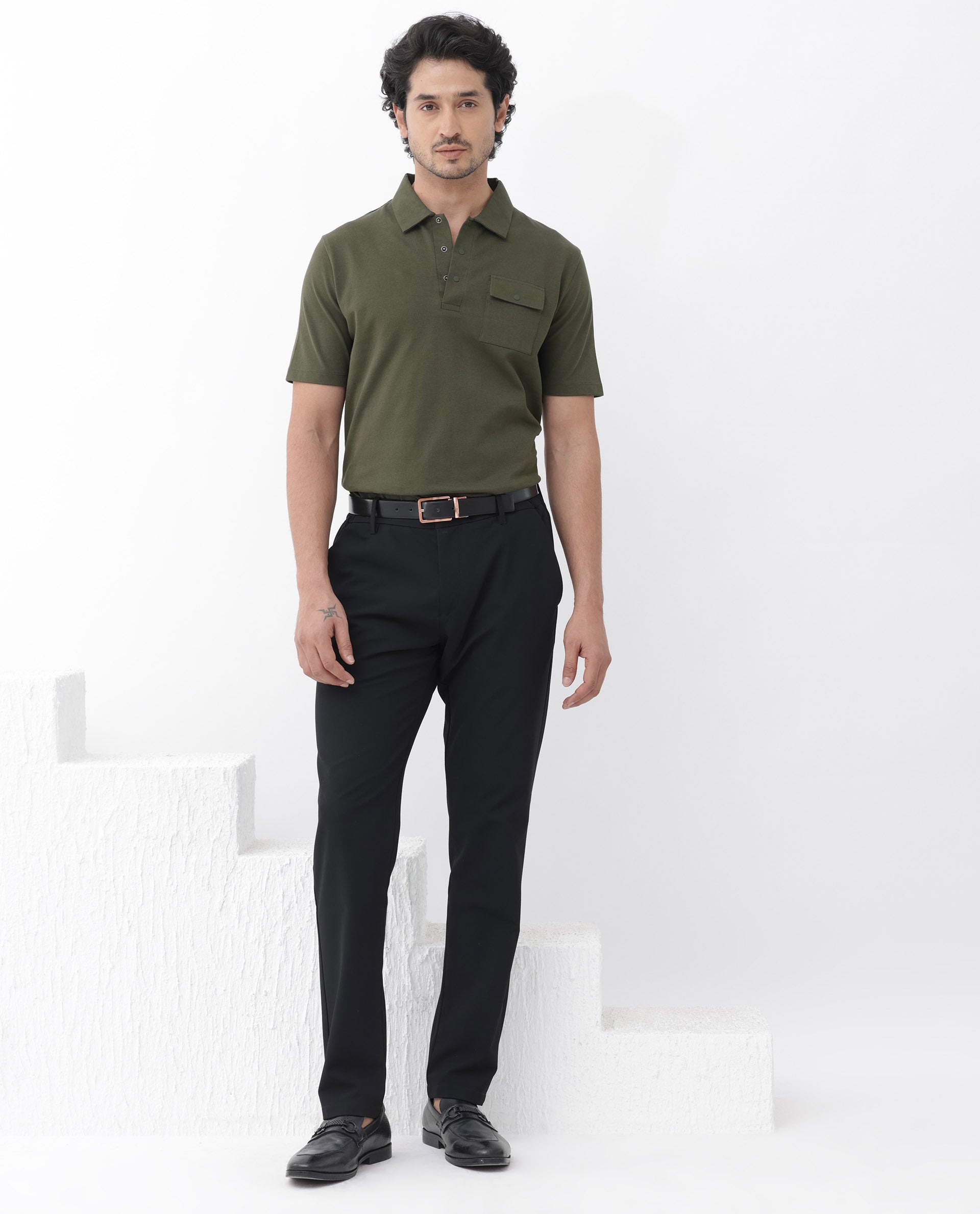 Rare Rabbit Mens Paxton Olive Short Sleeve Snap Button Closure Solid Polo T-Shirt