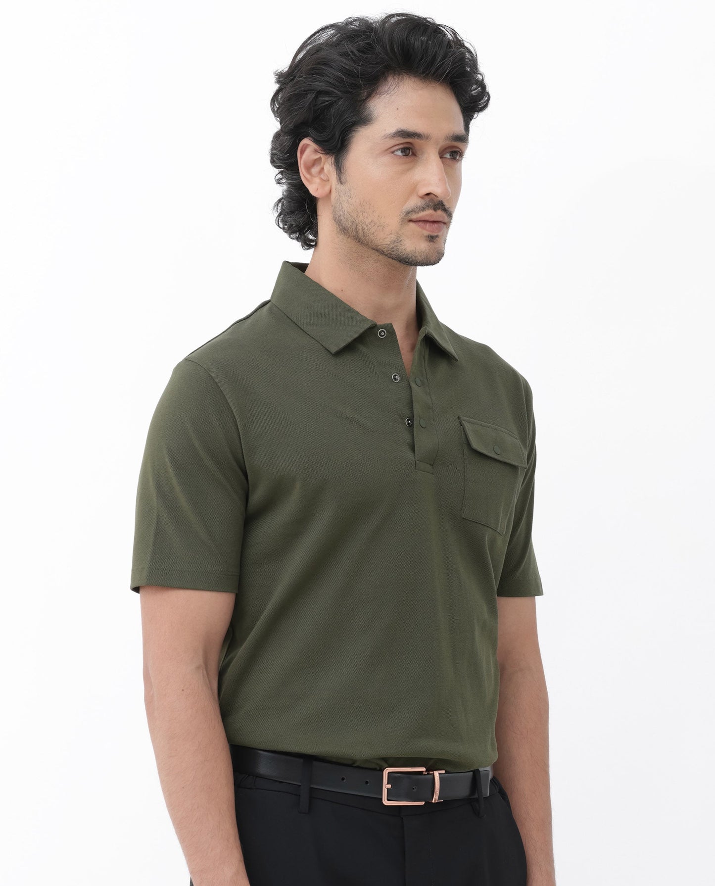 Rare Rabbit Mens Paxton Olive Short Sleeve Snap Button Closure Solid Polo T-Shirt