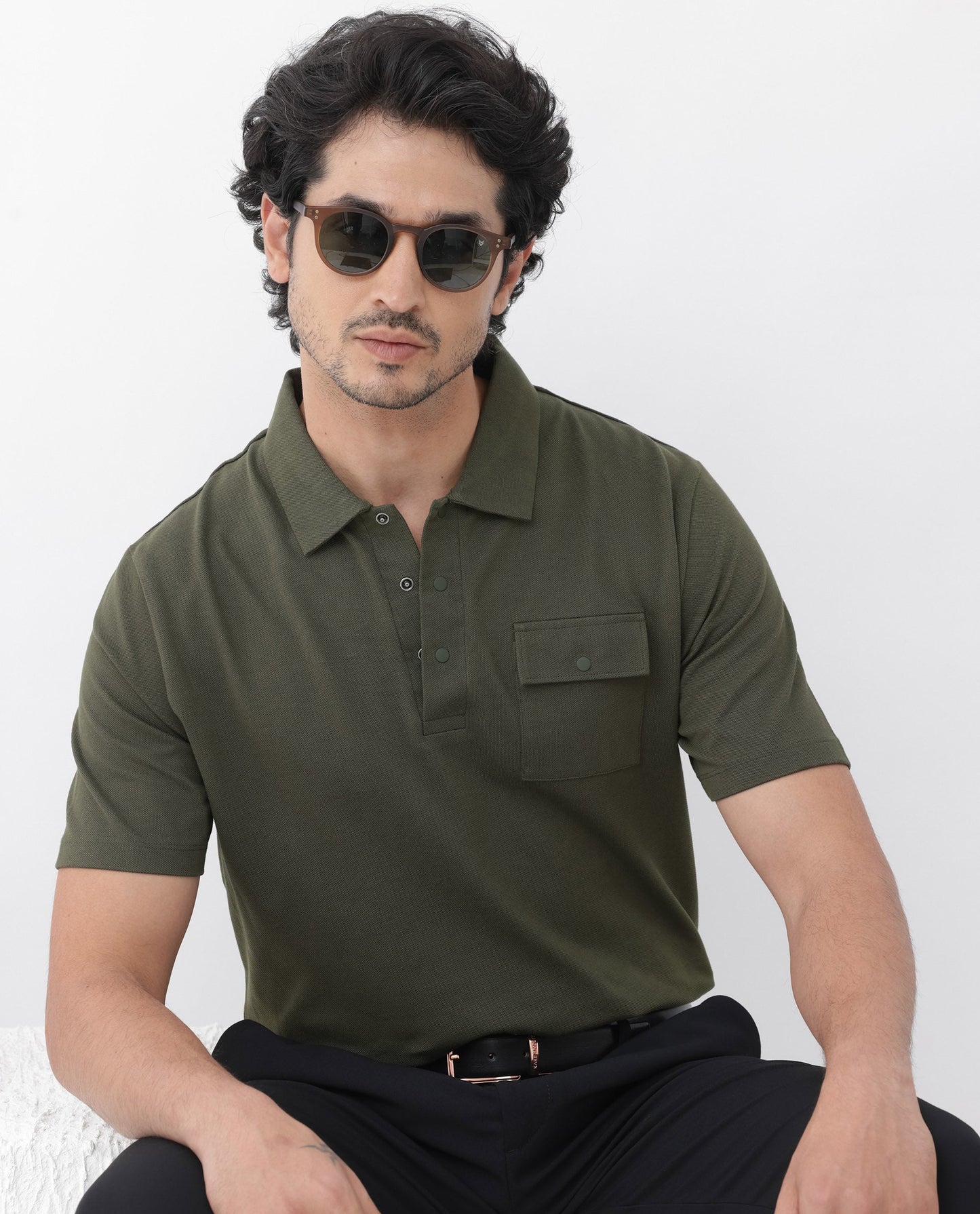 Rare Rabbit Mens Paxton Olive Short Sleeve Snap Button Closure Solid Polo T-Shirt