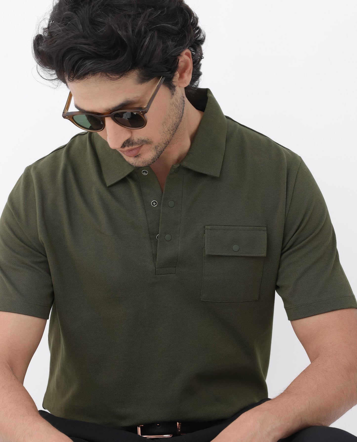 Rare Rabbit Mens Paxton Olive Short Sleeve Snap Button Closure Solid Polo T-Shirt