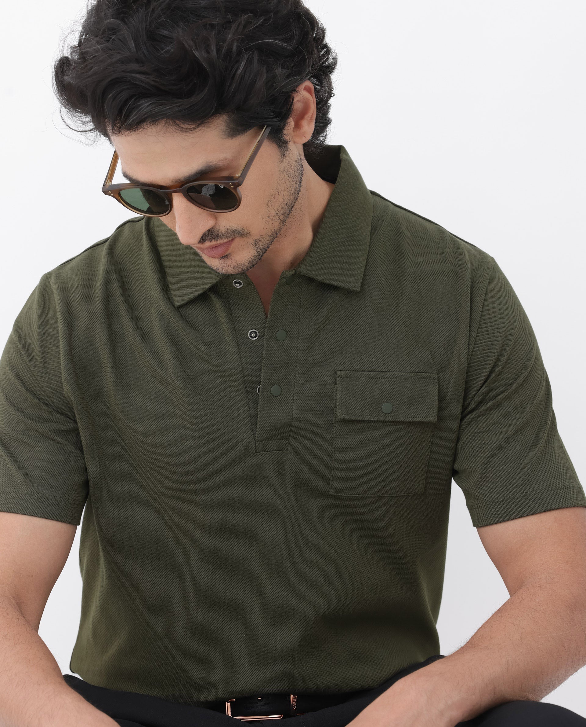 Rare Rabbit Mens Paxton Olive Short Sleeve Snap Button Closure Solid Polo T-Shirt
