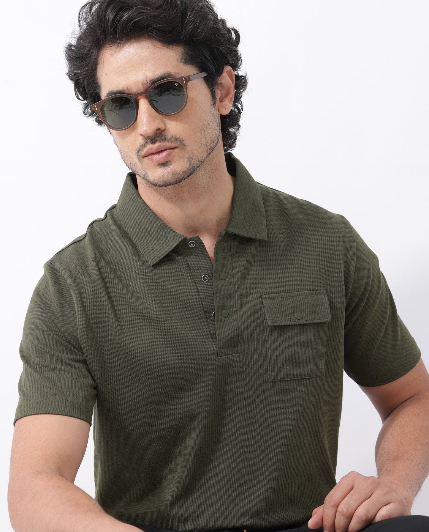 Rare Rabbit Mens Paxton Olive Short Sleeve Snap Button Closure Solid Polo T-Shirt