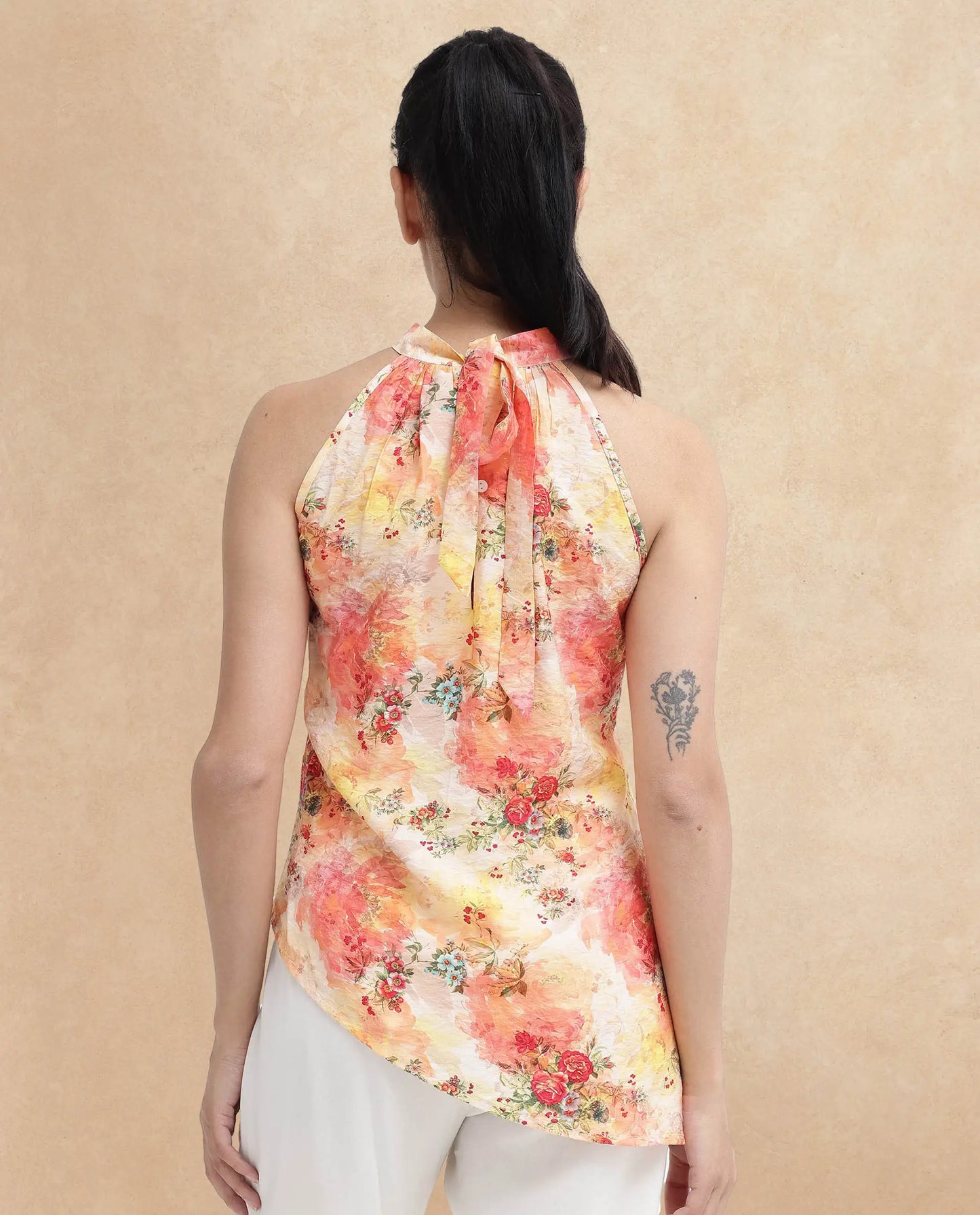 Rareism Women Potenza Pastel Multi Sleeveless Halter Neck Tie Up Floral Print Top