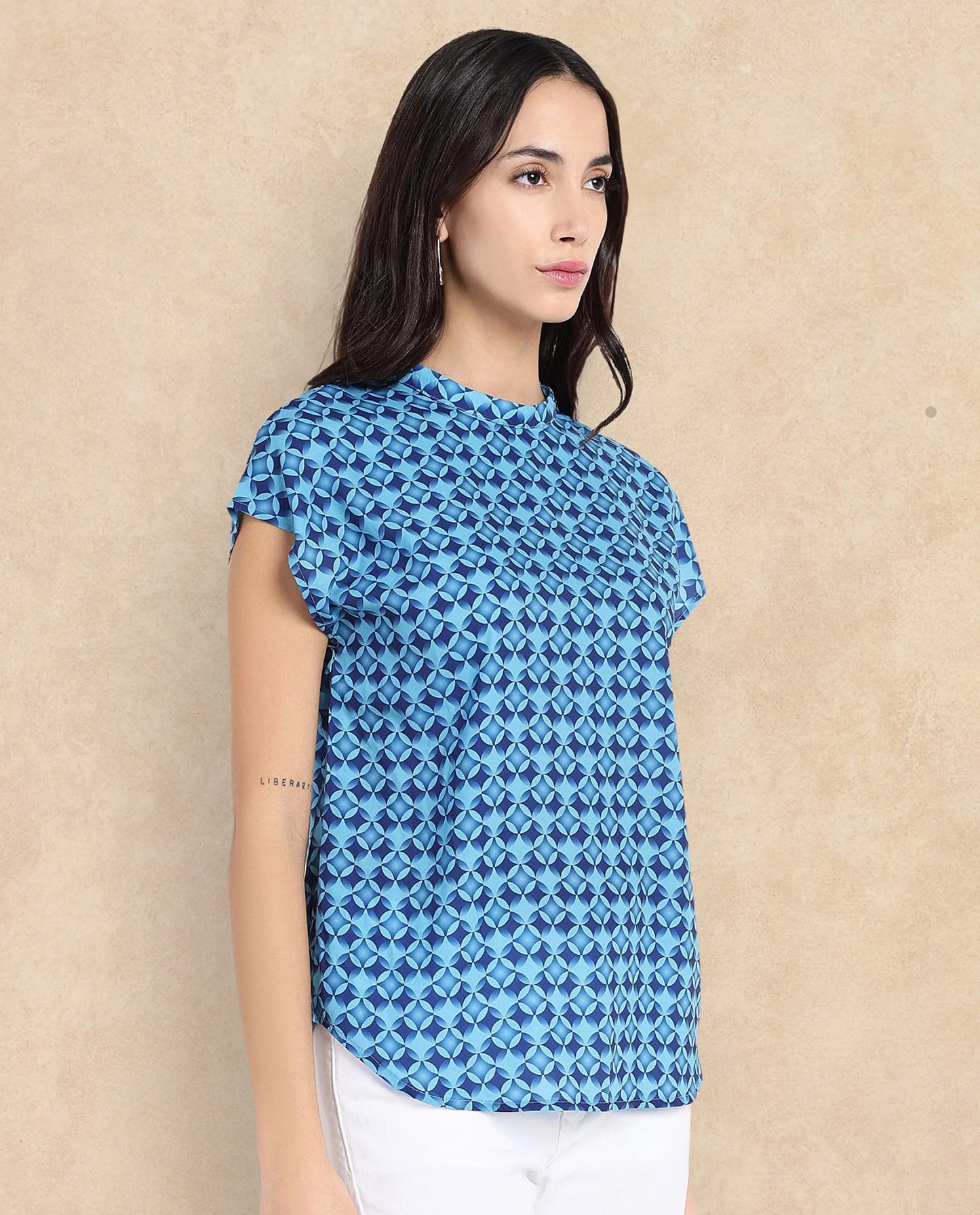 Rareism Women Qoat Blue Extended Sleeves High Neck Button Closure Graphic Print Top