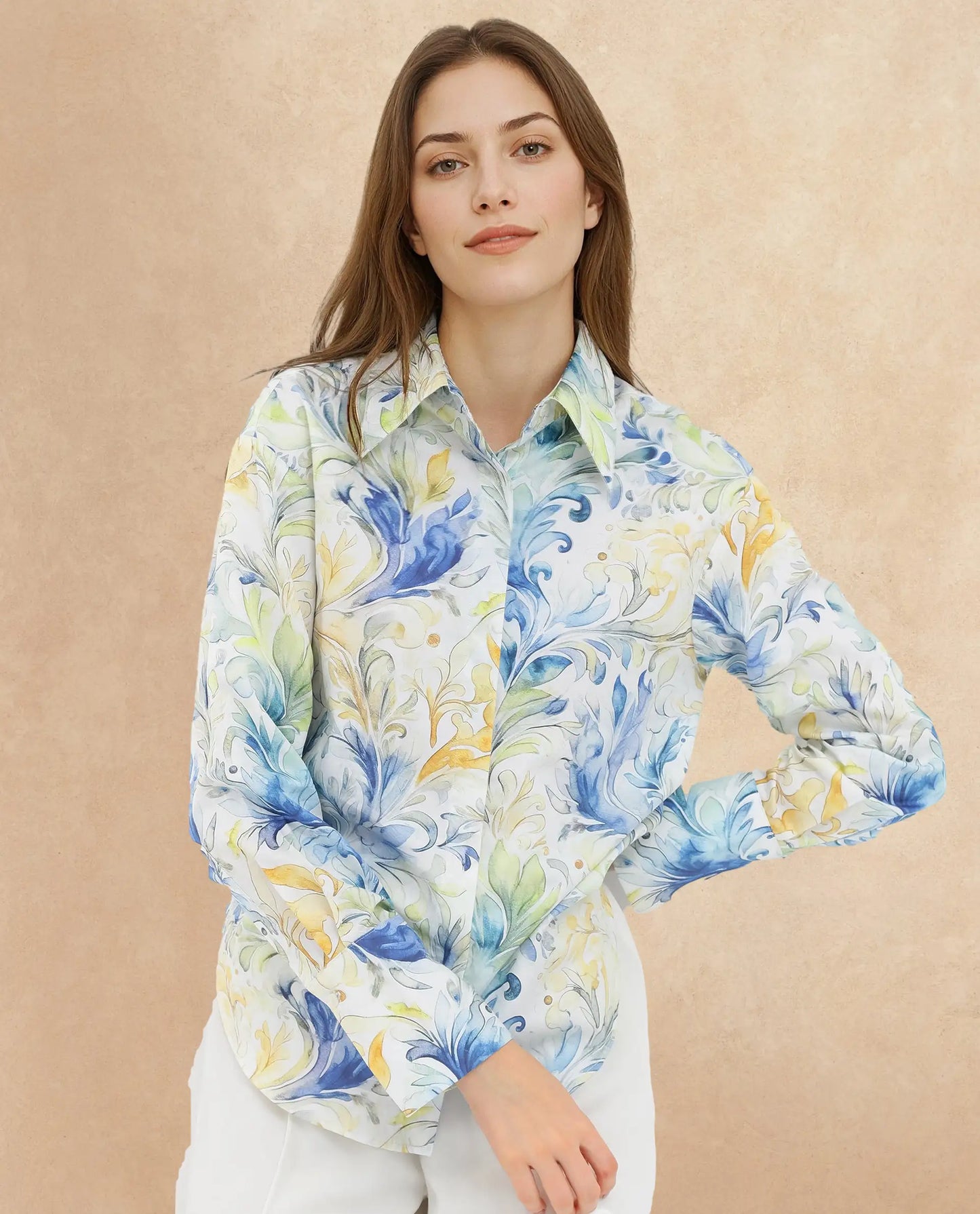 Rareism Women Raenice Pastel Multi Cuffed Sleeve Collared Neck Button Closure Abstract Print Top