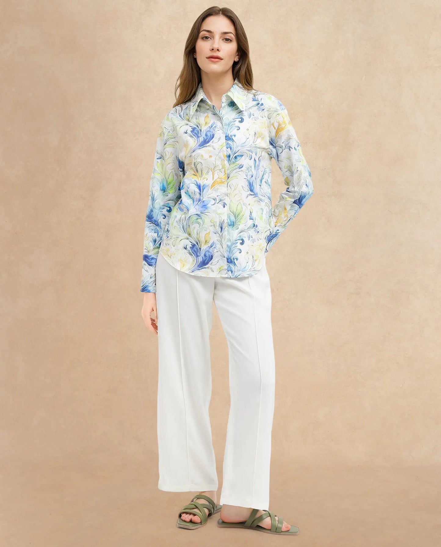 Rareism Women Raenice Pastel Multi Cuffed Sleeve Collared Neck Button Closure Abstract Print Top