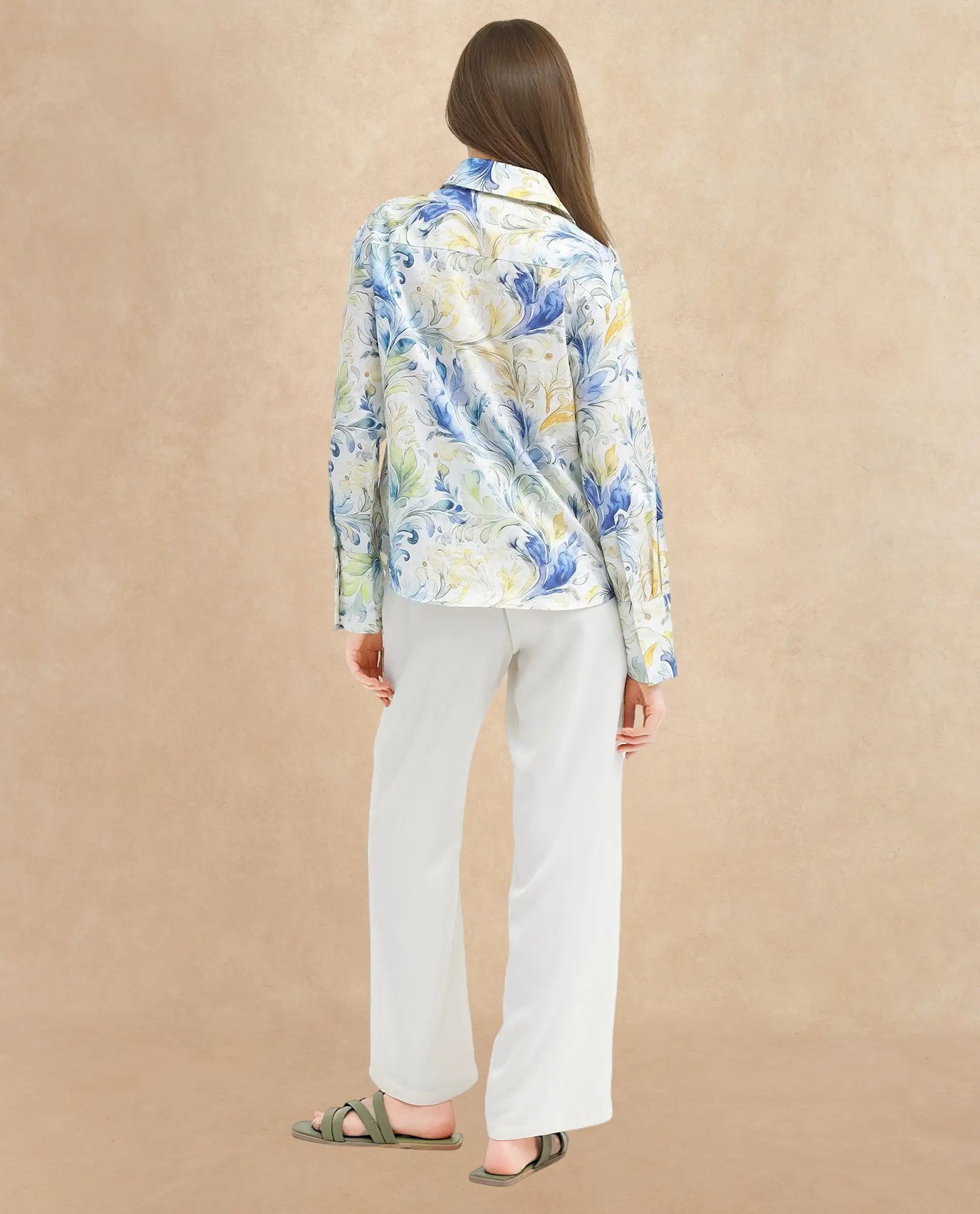 Rareism Women Raenice Pastel Multi Cuffed Sleeve Collared Neck Button Closure Abstract Print Top