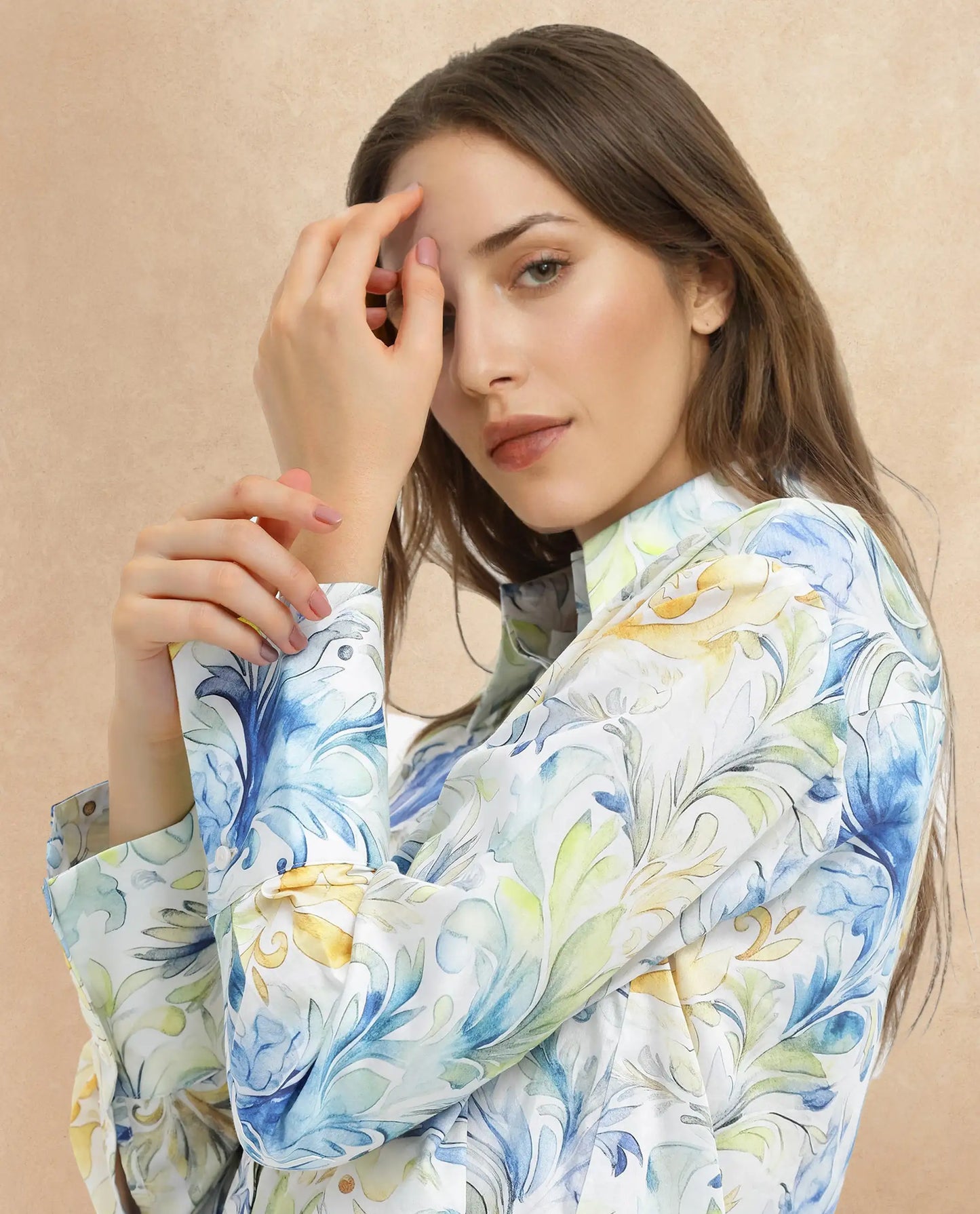 Rareism Women Raenice Pastel Multi Cuffed Sleeve Collared Neck Button Closure Abstract Print Top