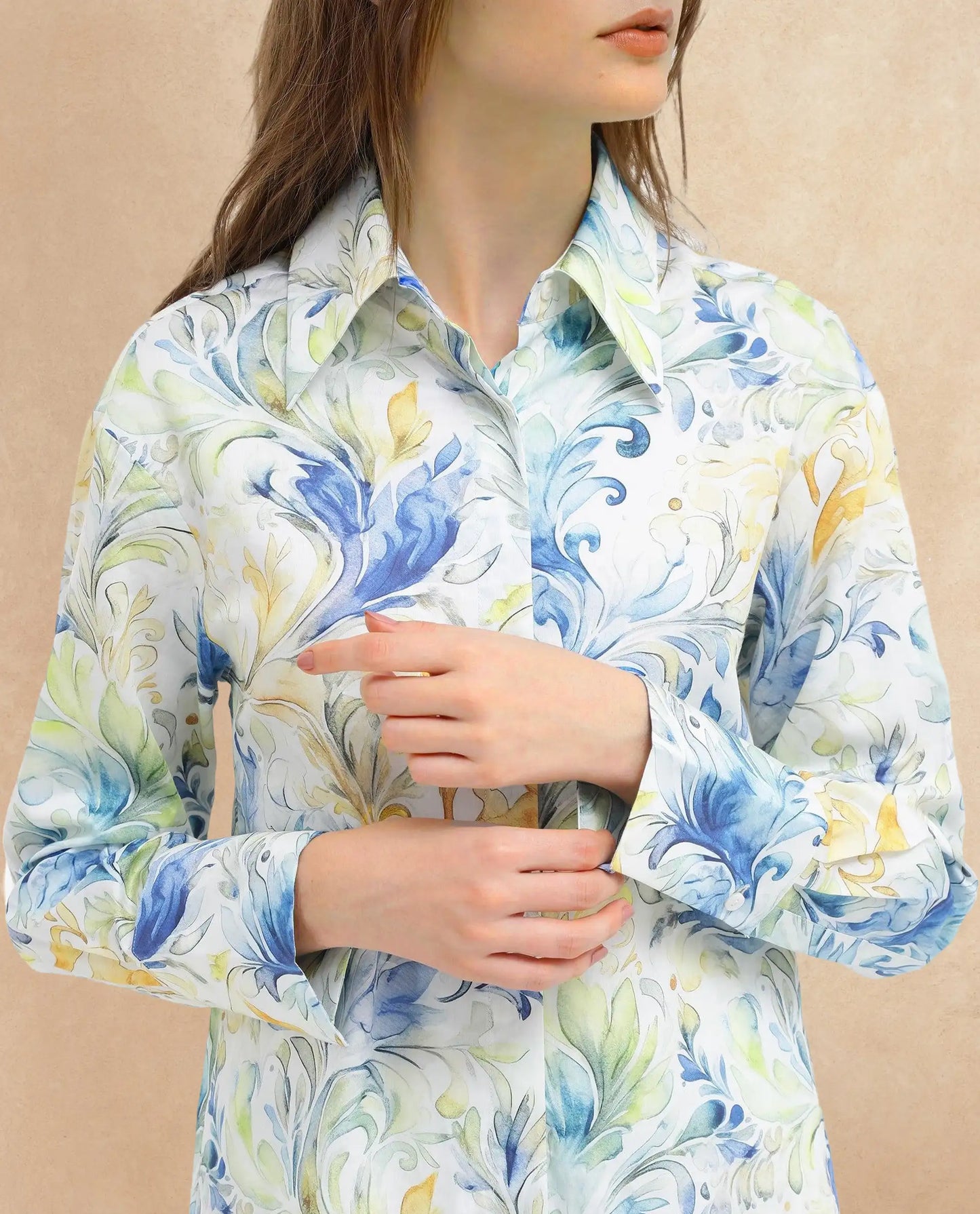 Rareism Women Raenice Pastel Multi Cuffed Sleeve Collared Neck Button Closure Abstract Print Top