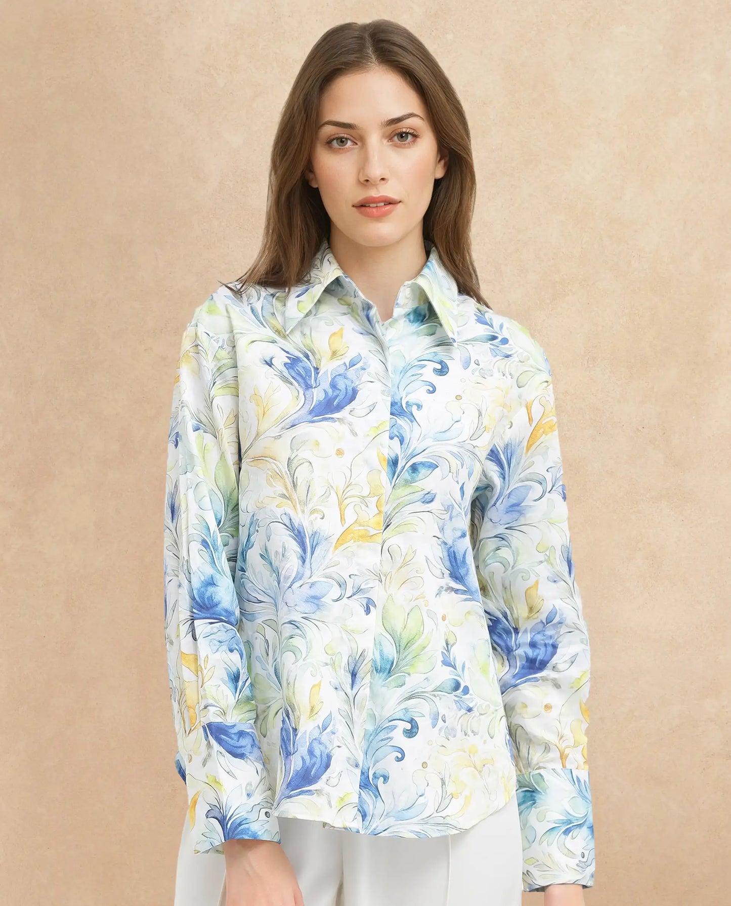 Rareism Women Raenice Pastel Multi Cuffed Sleeve Collared Neck Button Closure Abstract Print Top