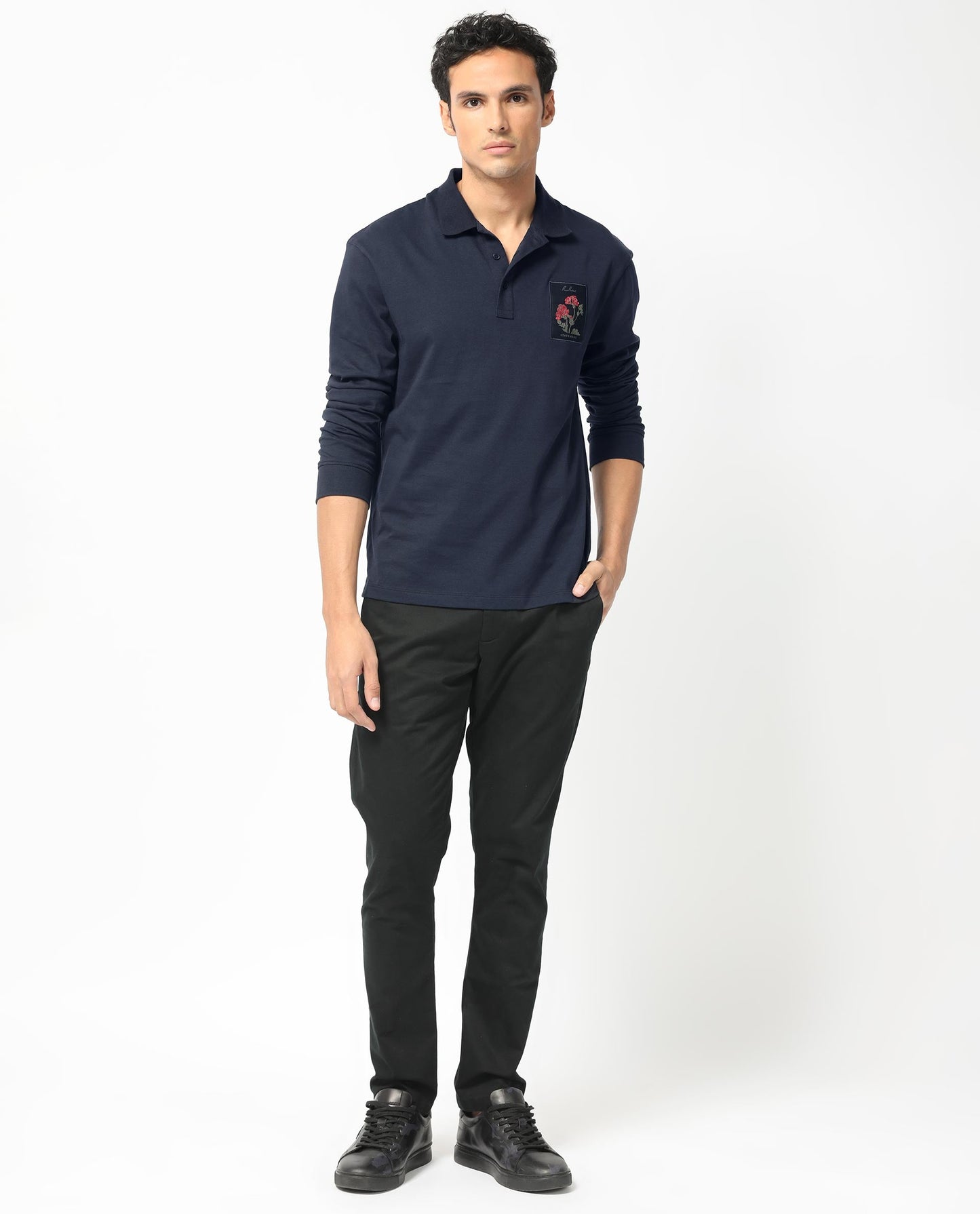 Rare Rabbit Men's Raz Navy Collared Neck Statement Chest Label Full Sleeve Polo T-Shirt