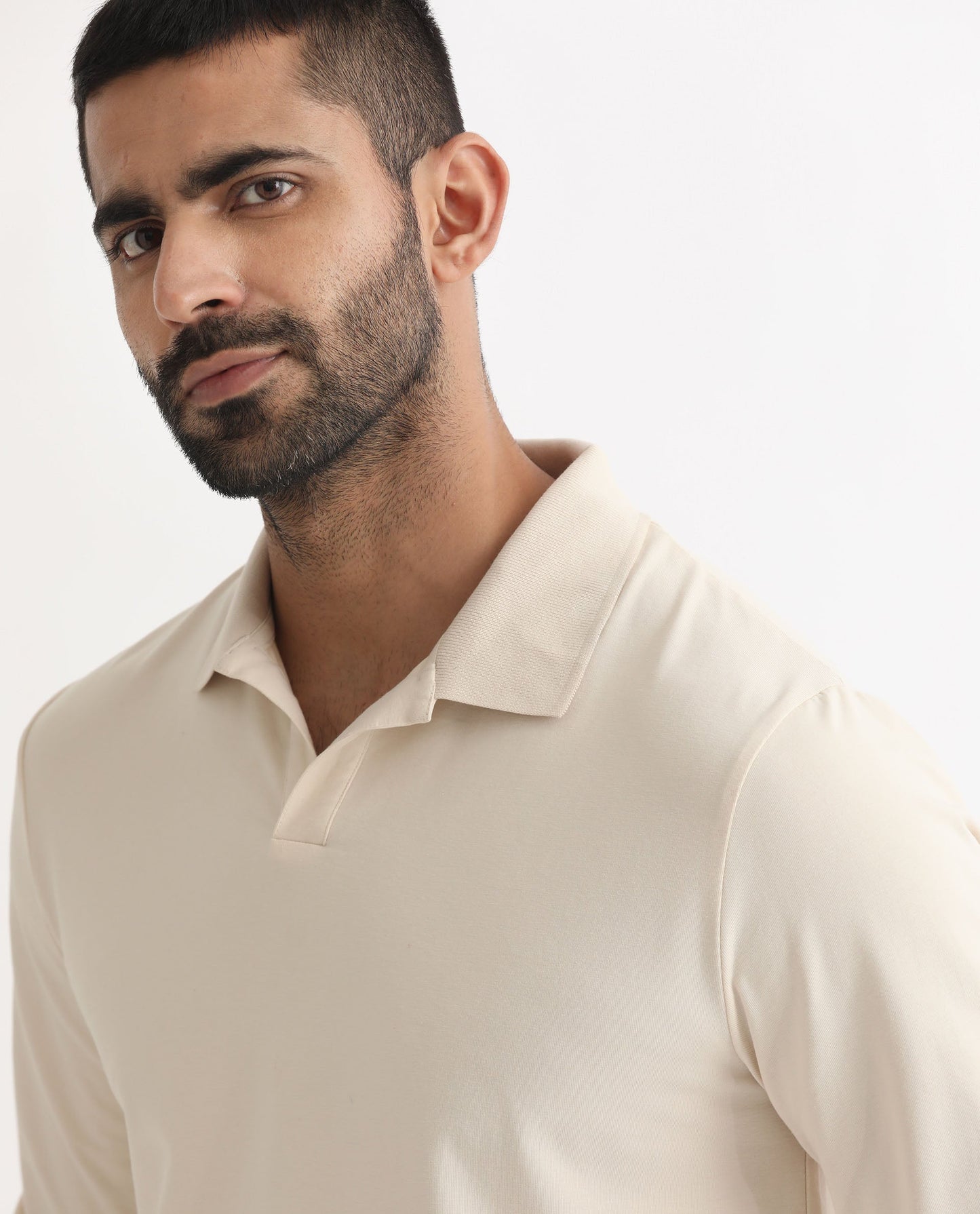 Rare Rabbit Men's Reborn-1 Off-White Cotton Fabric Johnny Collar Full Sleeve Polo T-Shirt