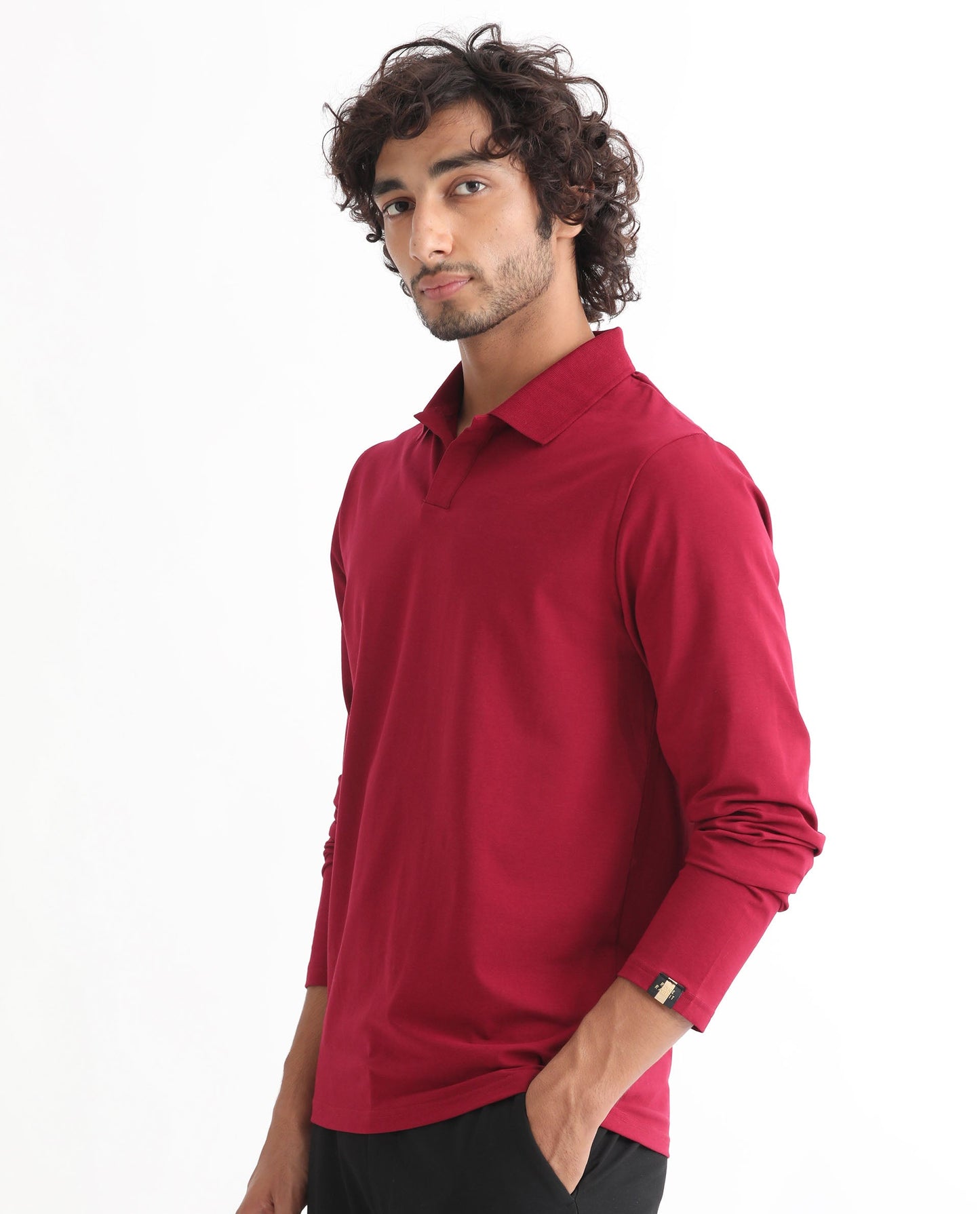 Rare Rabbit Men's Reborn-1 Red Cotton Fabric Johnny Collar Full Sleeve Polo T-Shirt