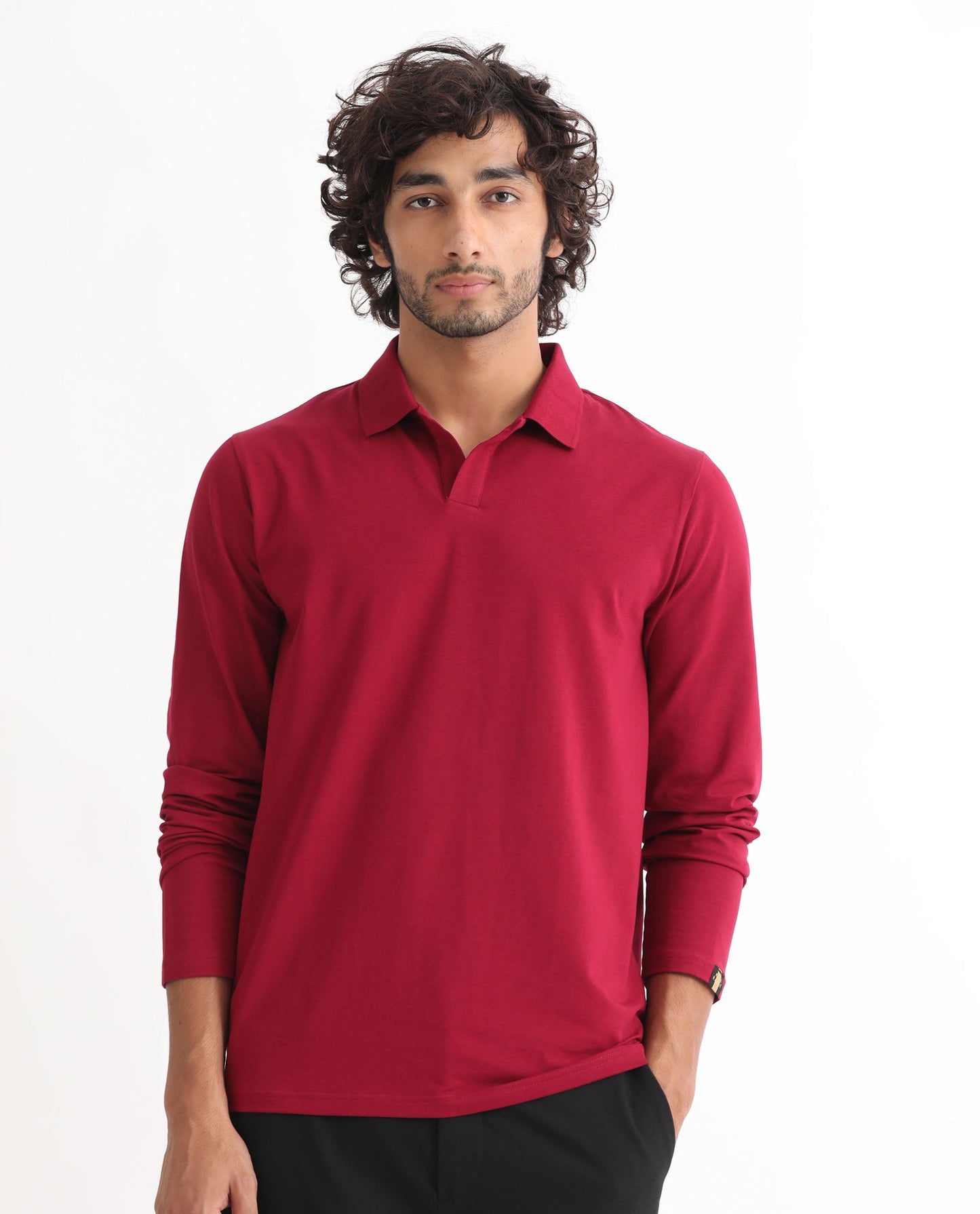 Rare Rabbit Men's Reborn-1 Red Cotton Fabric Johnny Collar Full Sleeve Polo T-Shirt