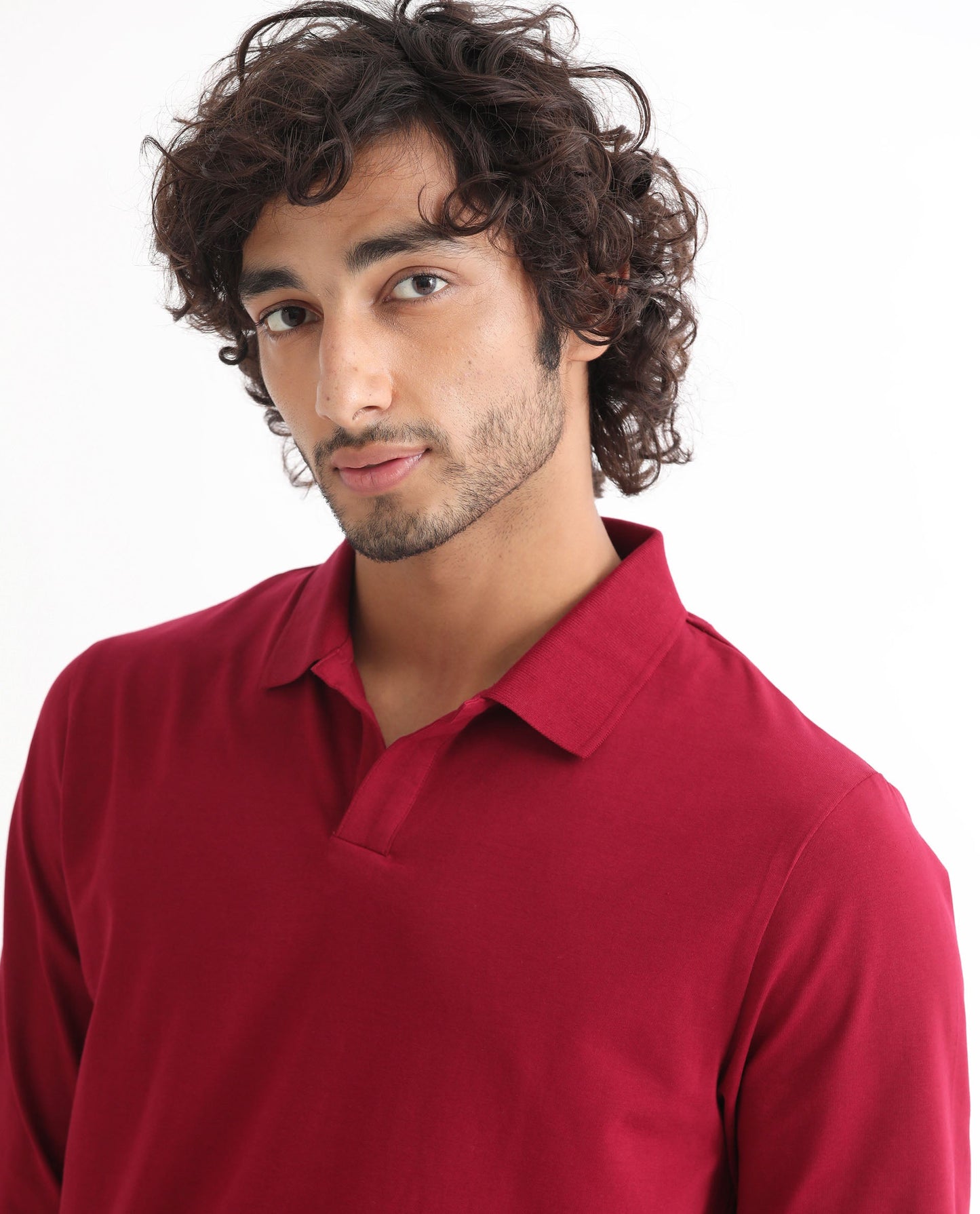 Rare Rabbit Men's Reborn-1 Red Cotton Fabric Johnny Collar Full Sleeve Polo T-Shirt
