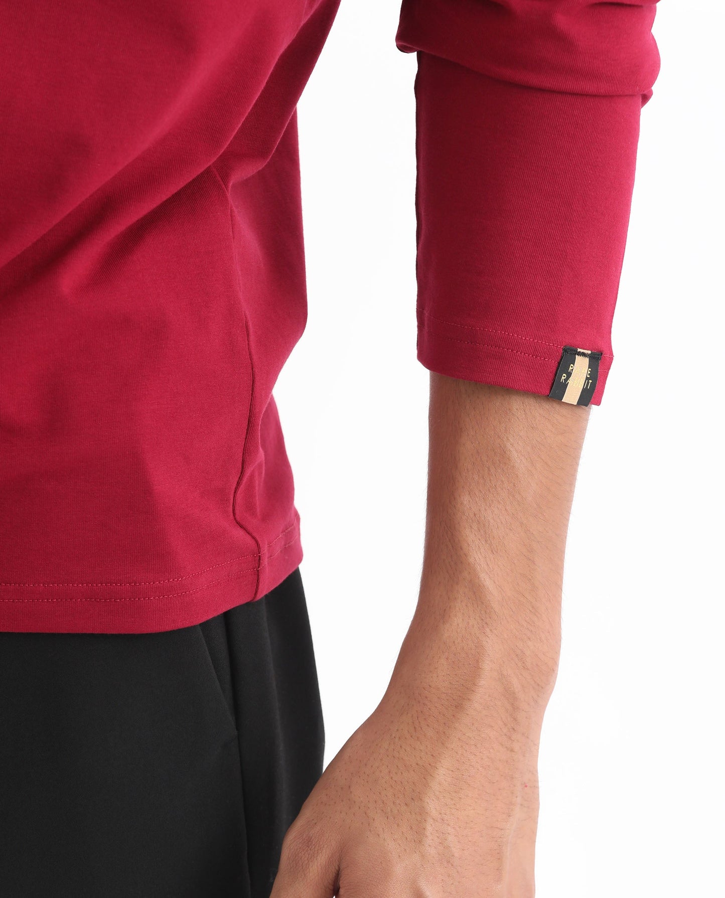 Rare Rabbit Men's Reborn-1 Red Cotton Fabric Johnny Collar Full Sleeve Polo T-Shirt