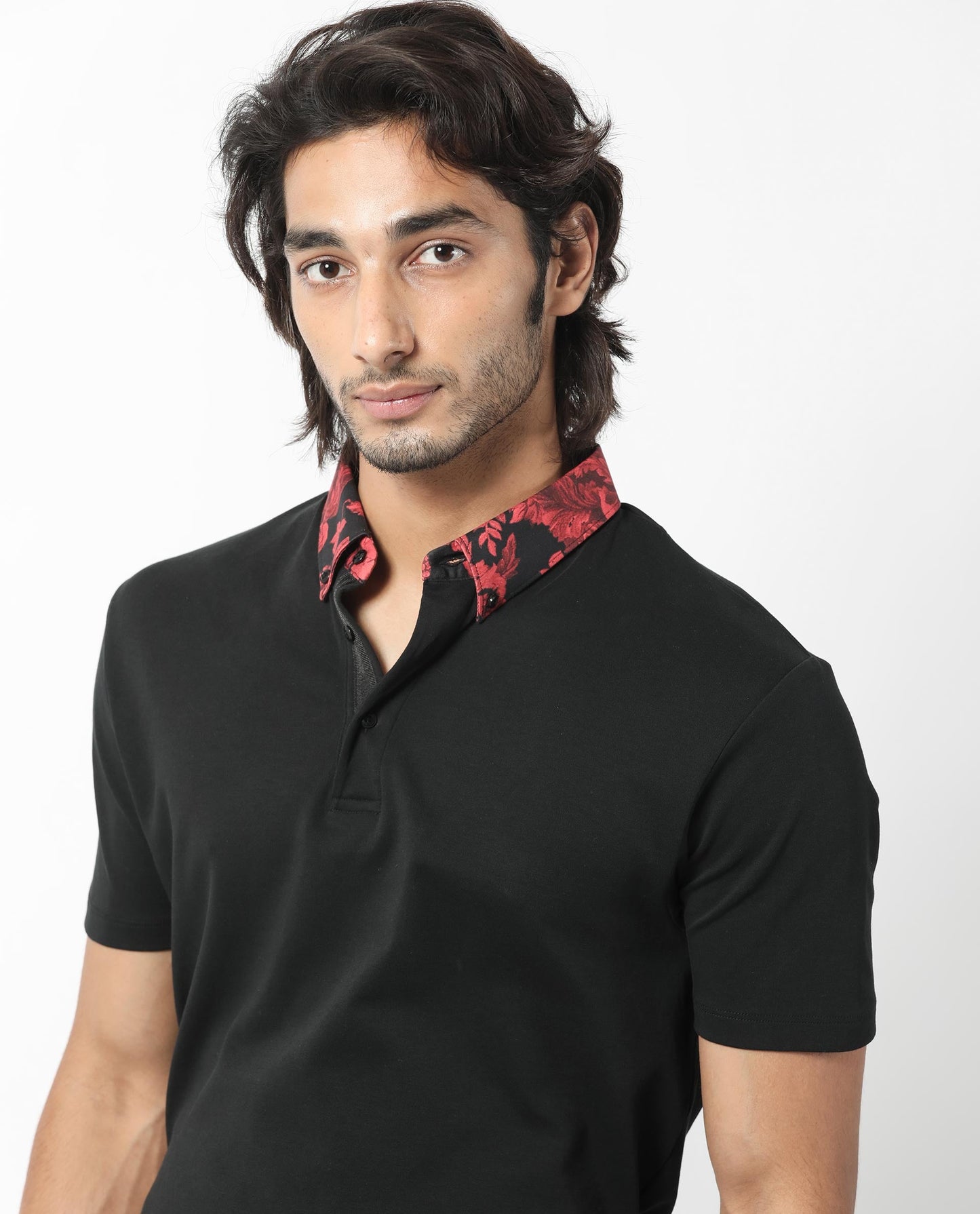 Rare Rabbit Men's Ringer-1 Black Cotton Fabric Printed Collar Neck Half Sleeves Polo T-Shirt