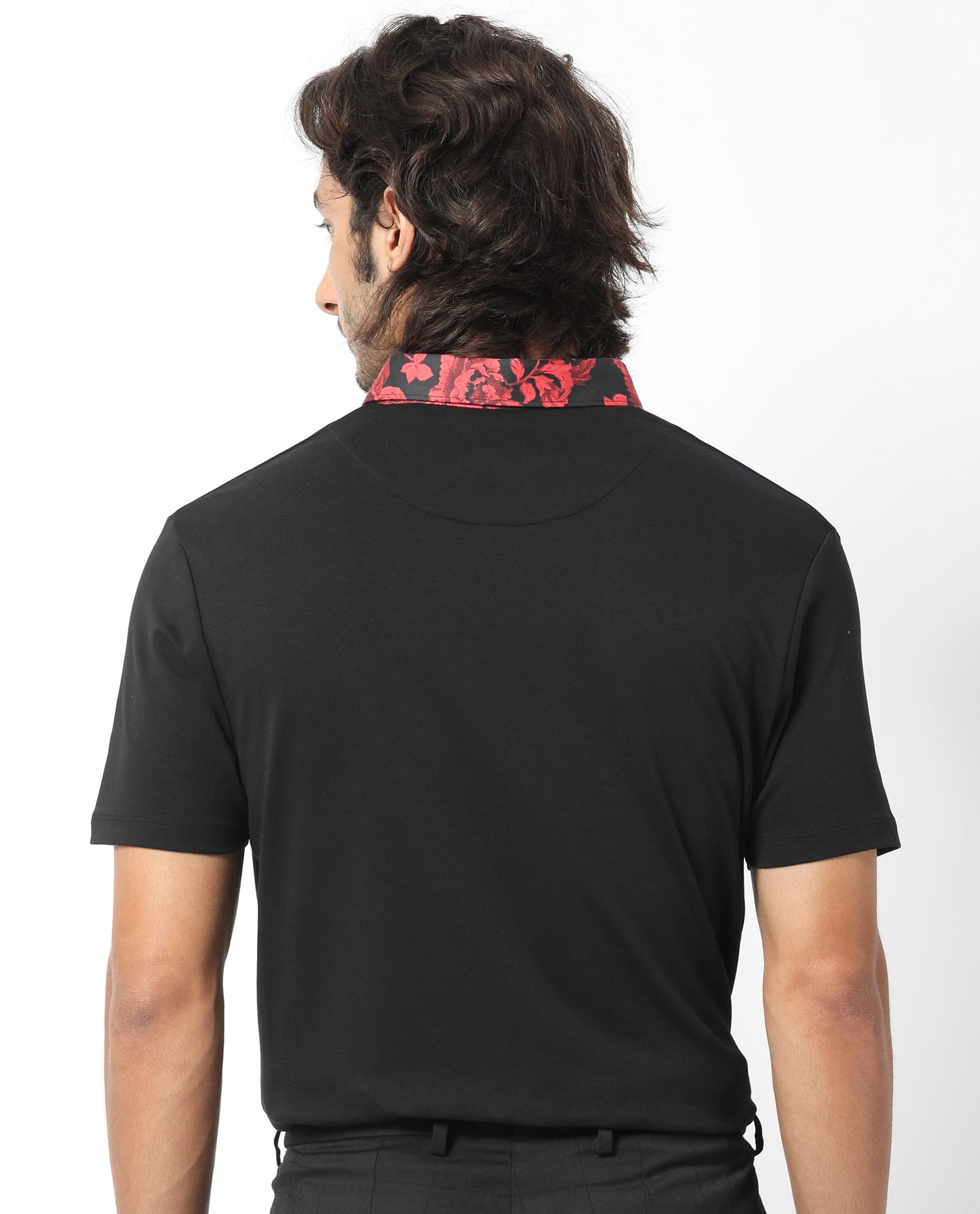 Rare Rabbit Men's Ringer-1 Black Cotton Fabric Printed Collar Neck Half Sleeves Polo T-Shirt