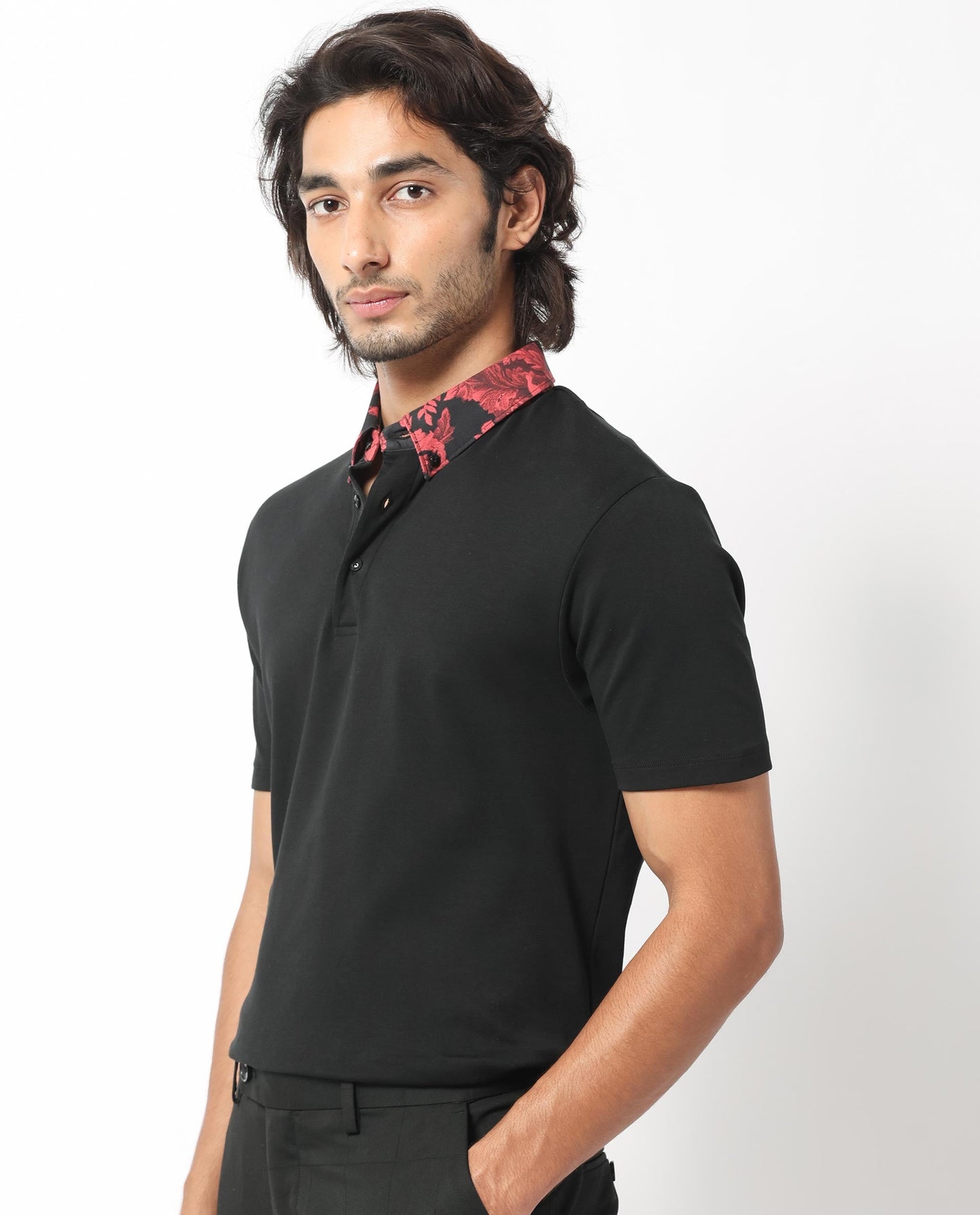 Rare Rabbit Men's Ringer-1 Black Cotton Fabric Printed Collar Neck Half Sleeves Polo T-Shirt