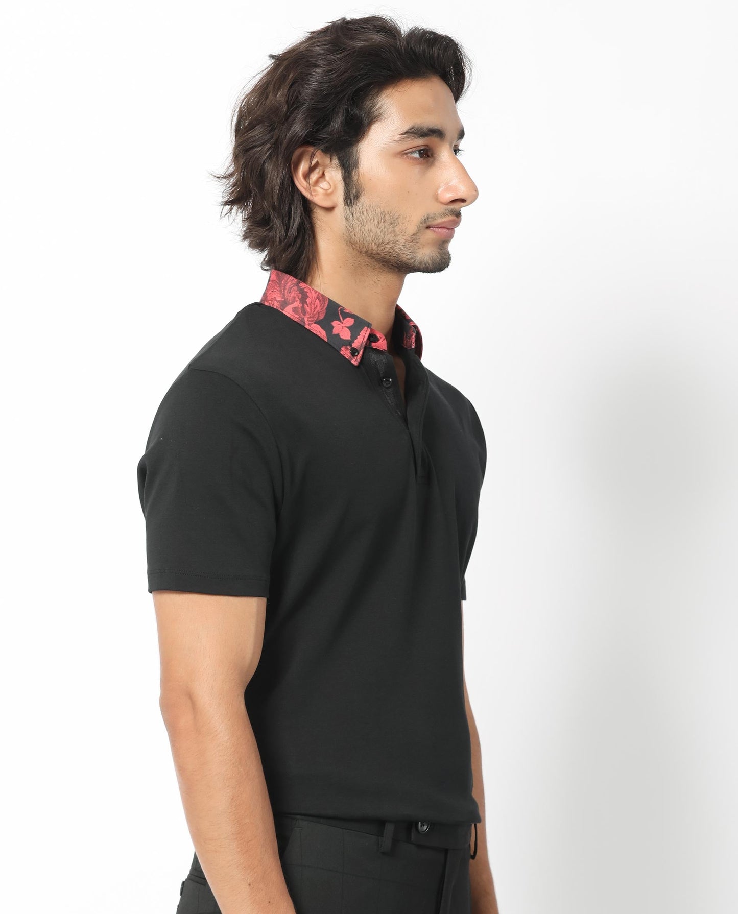 Rare Rabbit Men's Ringer-1 Black Cotton Fabric Printed Collar Neck Half Sleeves Polo T-Shirt