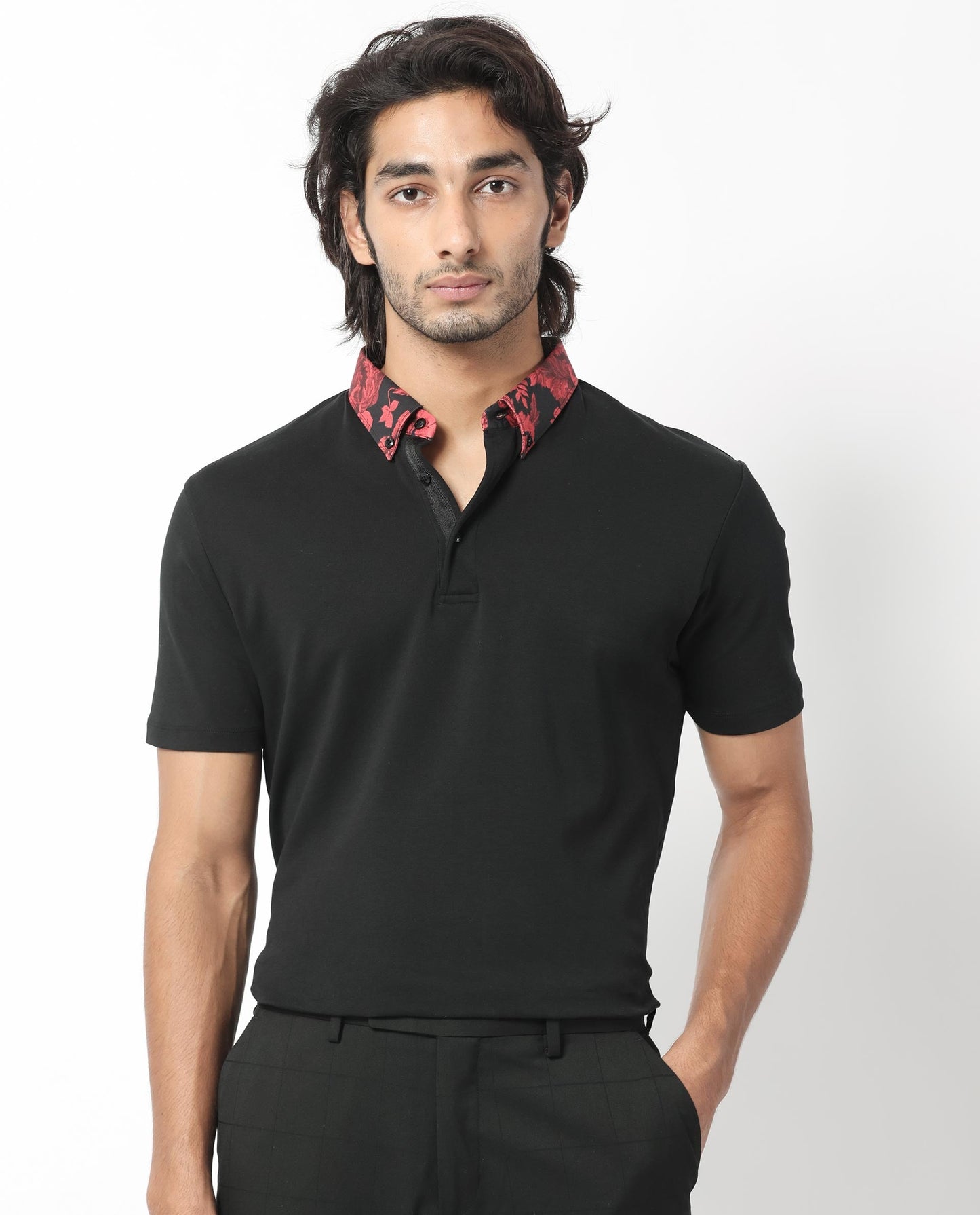 Rare Rabbit Men's Ringer-1 Black Cotton Fabric Printed Collar Neck Half Sleeves Polo T-Shirt