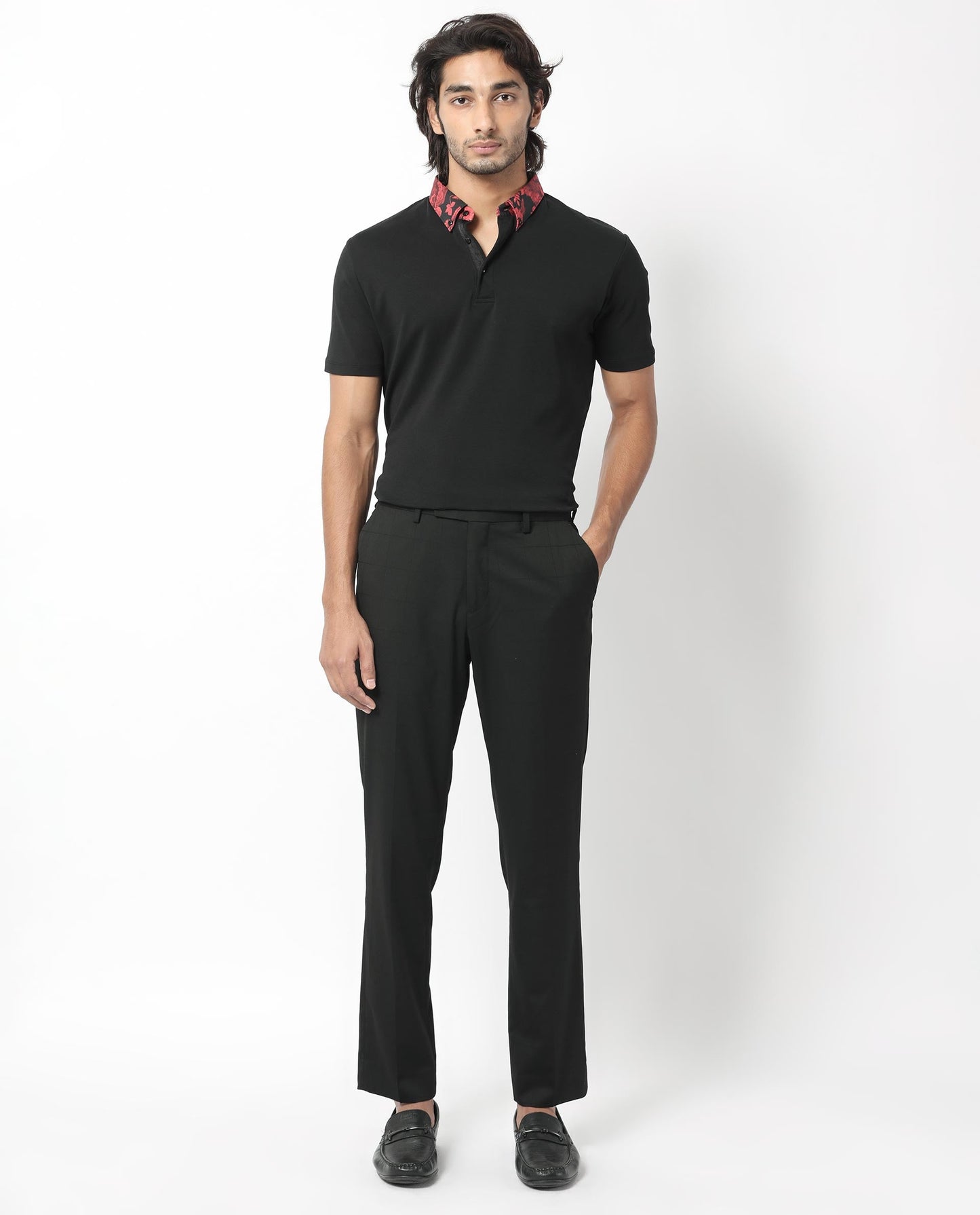 Rare Rabbit Men's Ringer-1 Black Cotton Fabric Printed Collar Neck Half Sleeves Polo T-Shirt