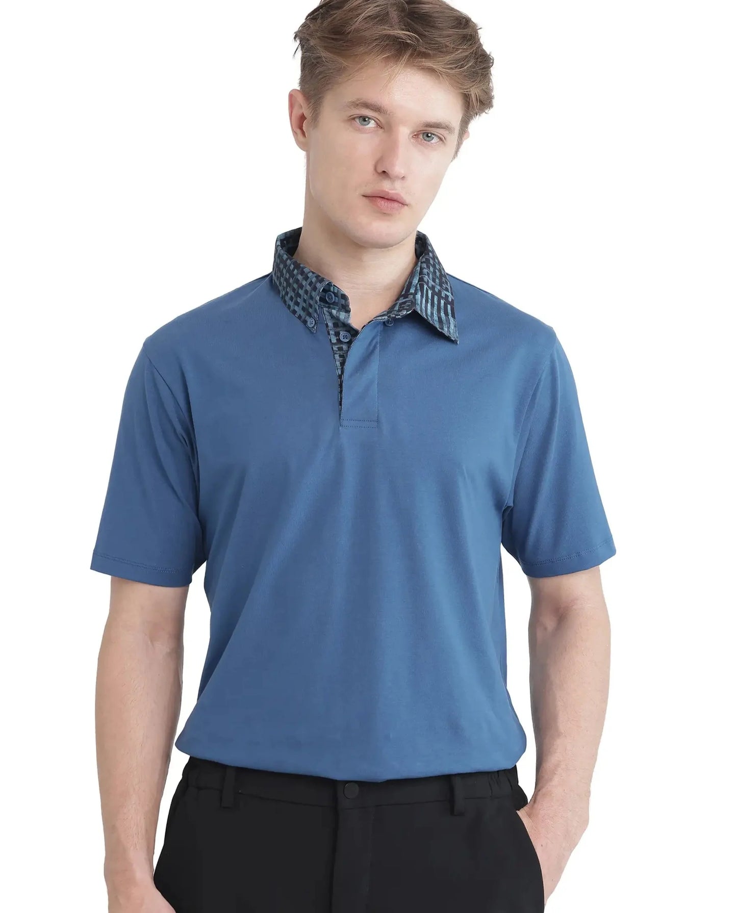 Rare Rabbit Men's Ringer 25 Blue Cotton Blend Fabric Half Sleeve Spread Collar Regular Fit Plain Polo
