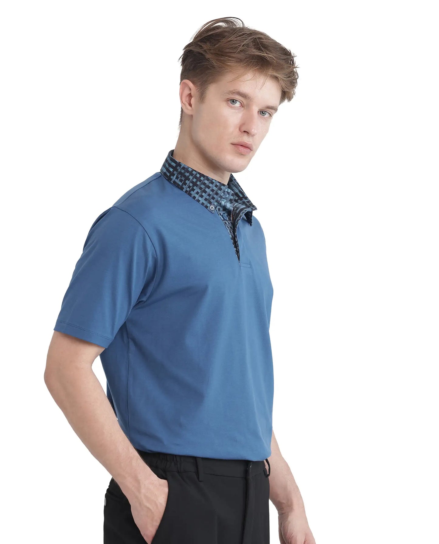 Rare Rabbit Men's Ringer 25 Blue Cotton Blend Fabric Half Sleeve Spread Collar Regular Fit Plain Polo