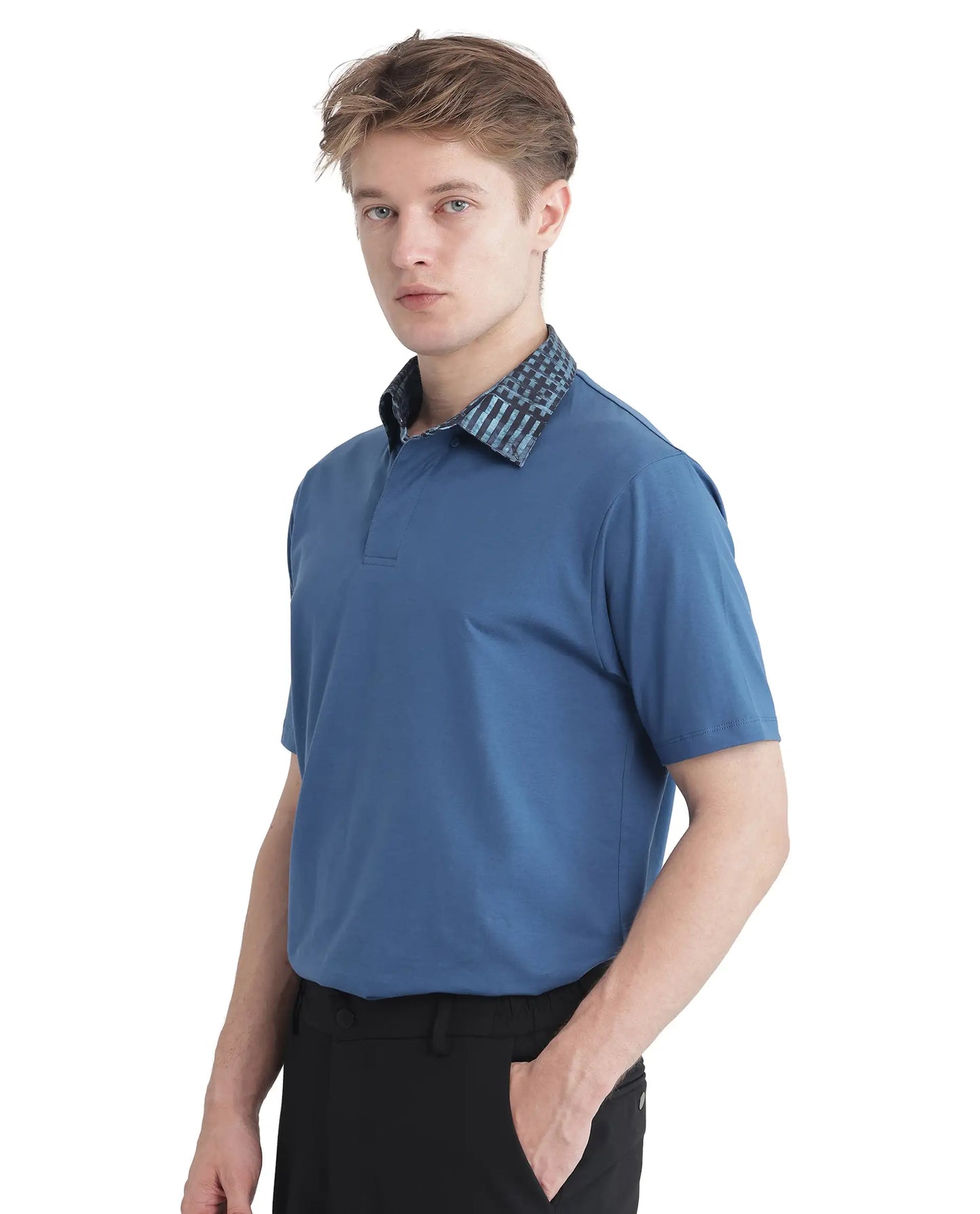 Rare Rabbit Men's Ringer 25 Blue Cotton Blend Fabric Half Sleeve Spread Collar Regular Fit Plain Polo