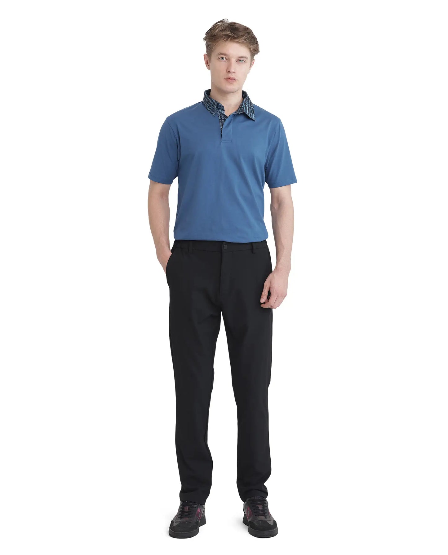 Rare Rabbit Men's Ringer 25 Blue Cotton Blend Fabric Half Sleeve Spread Collar Regular Fit Plain Polo