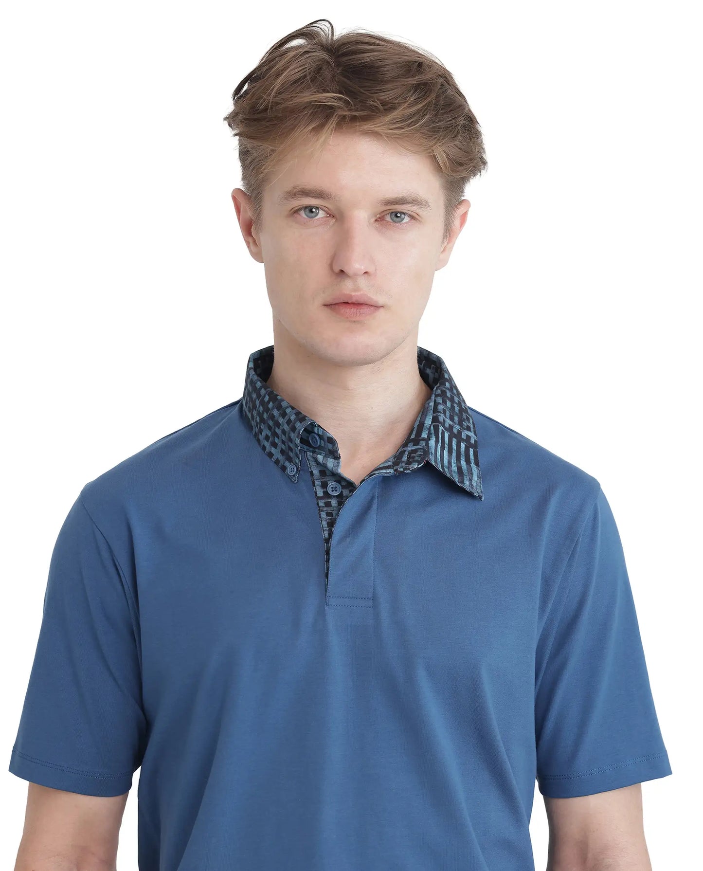 Rare Rabbit Men's Ringer 25 Blue Cotton Blend Fabric Half Sleeve Spread Collar Regular Fit Plain Polo