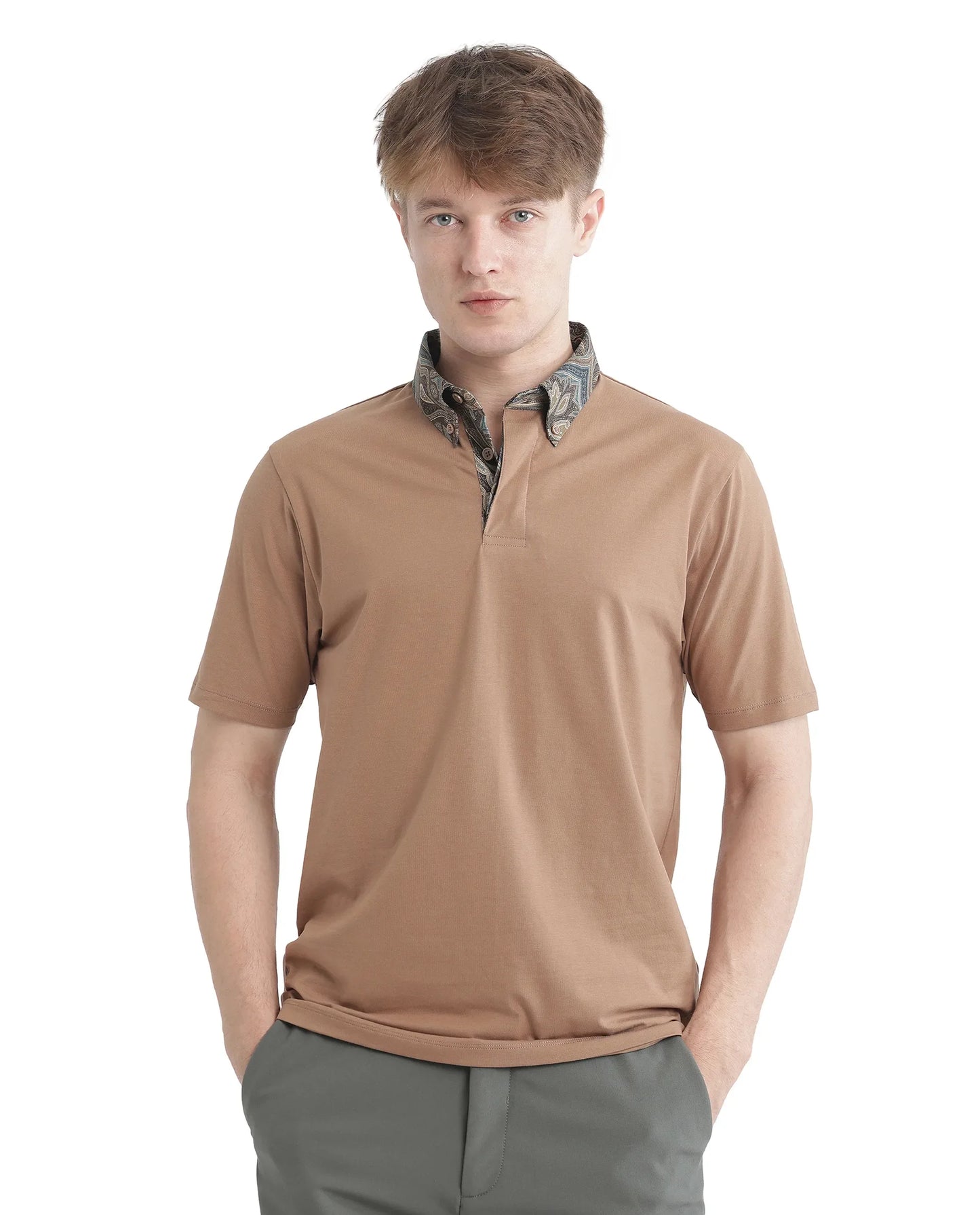 Rare Rabbit Men's Ringer 25 Dusky Beige Cotton Blend Fabric Half Sleeve Spread Collar Regular Fit Plain Polo
