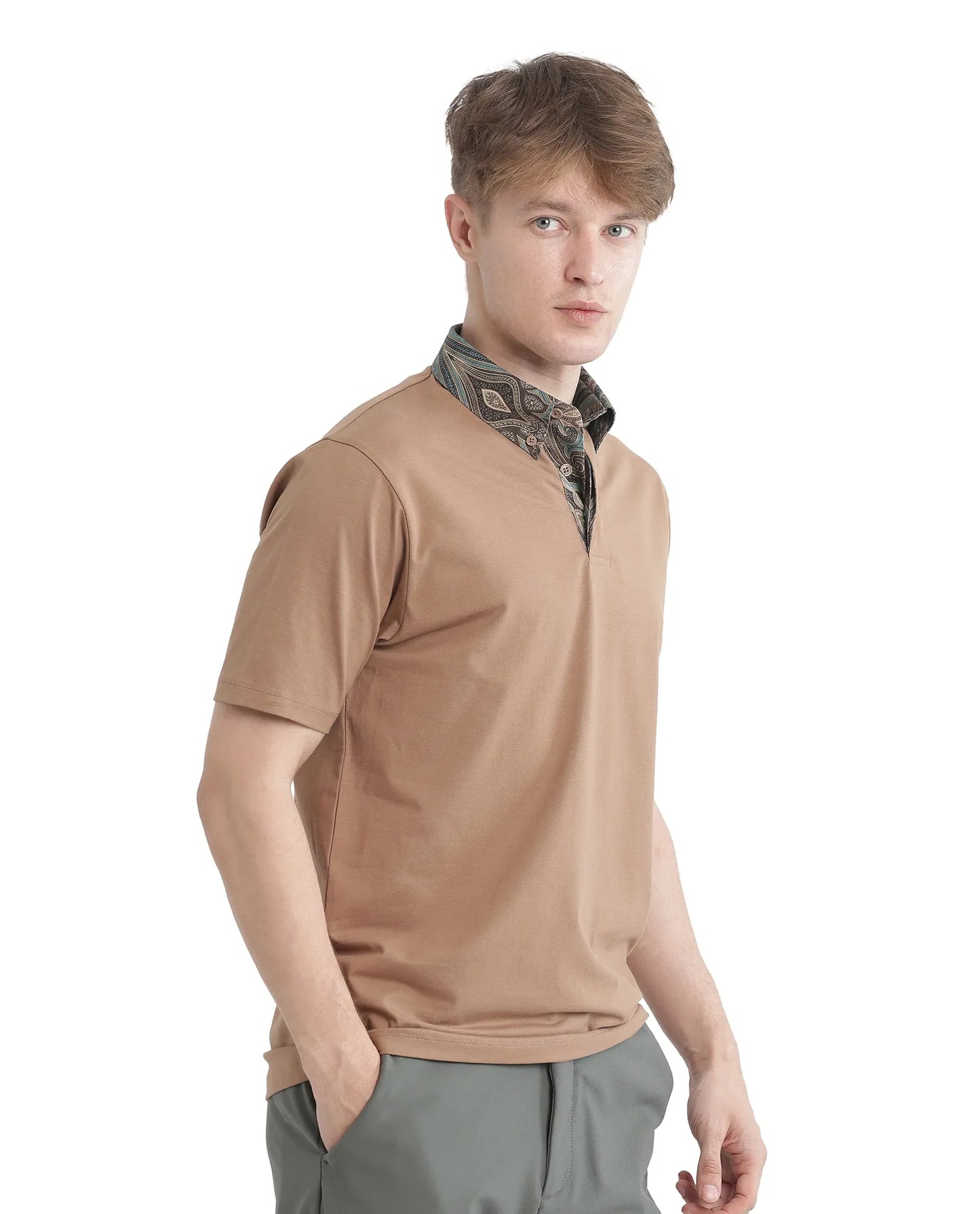 Rare Rabbit Men's Ringer 25 Dusky Beige Cotton Blend Fabric Half Sleeve Spread Collar Regular Fit Plain Polo