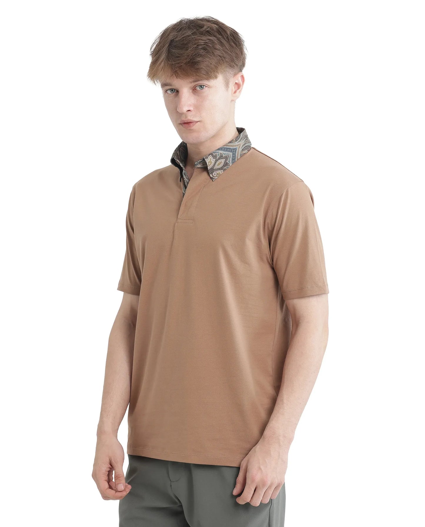 Rare Rabbit Men's Ringer 25 Dusky Beige Cotton Blend Fabric Half Sleeve Spread Collar Regular Fit Plain Polo