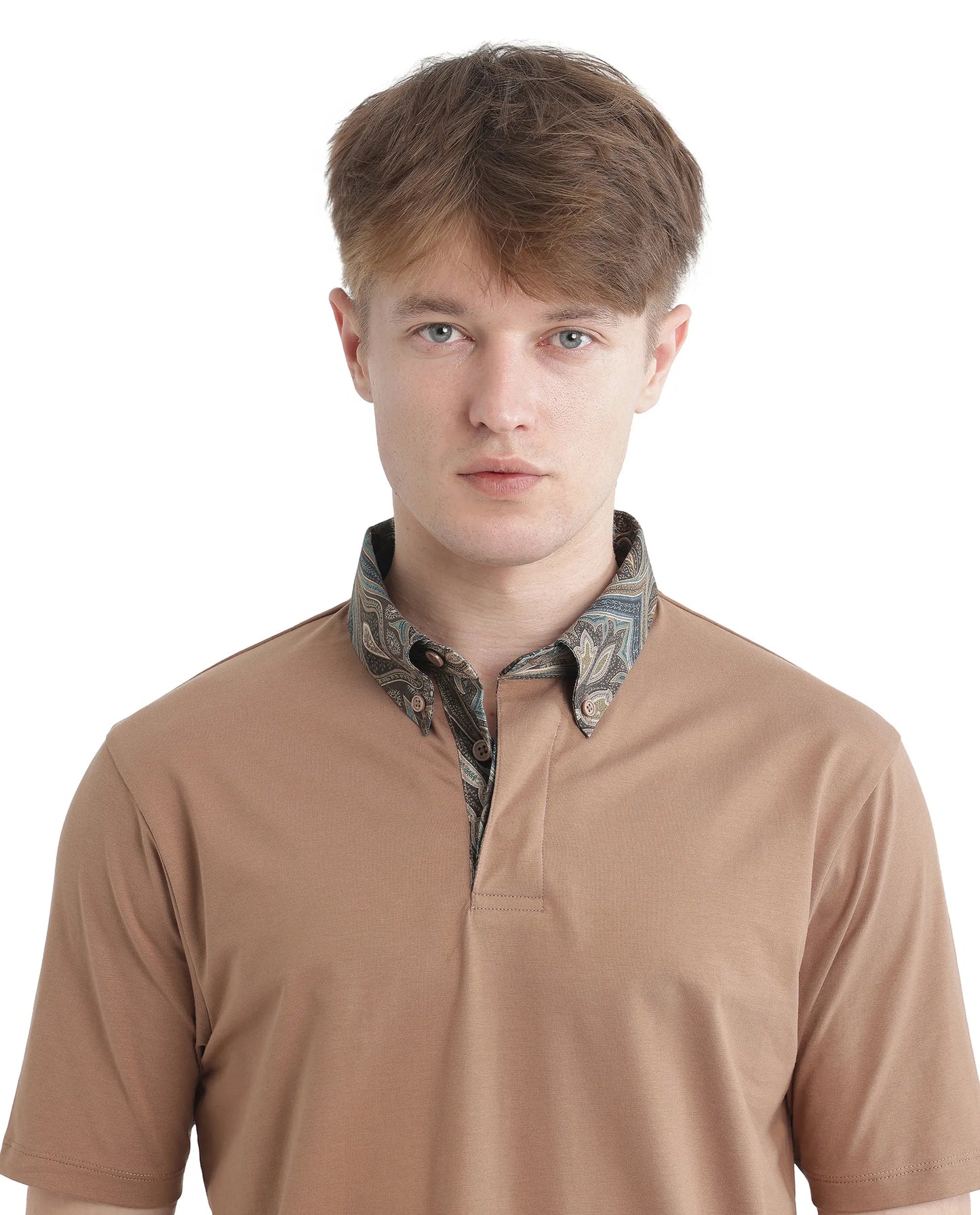 Rare Rabbit Men's Ringer 25 Dusky Beige Cotton Blend Fabric Half Sleeve Spread Collar Regular Fit Plain Polo