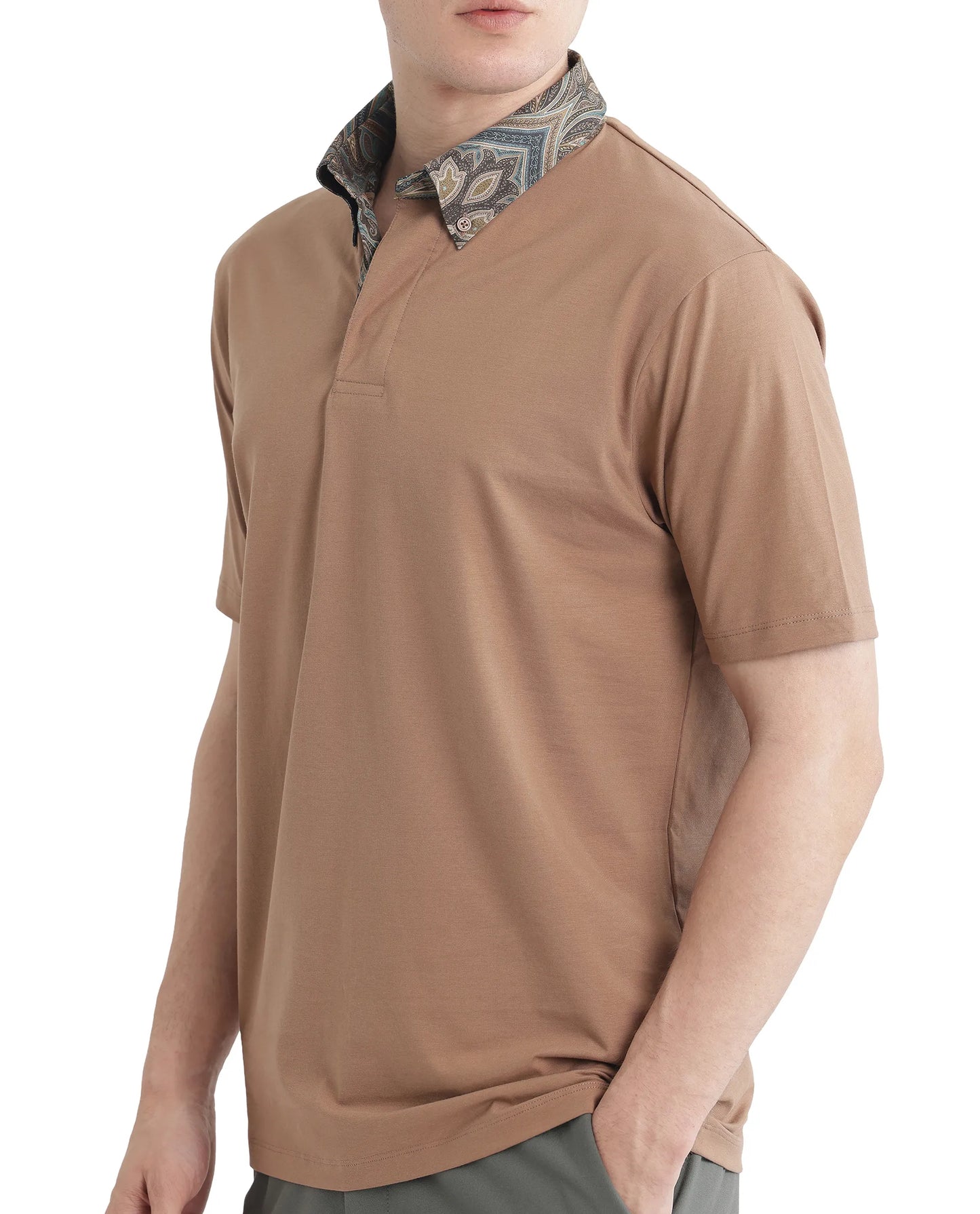 Rare Rabbit Men's Ringer 25 Dusky Beige Cotton Blend Fabric Half Sleeve Spread Collar Regular Fit Plain Polo