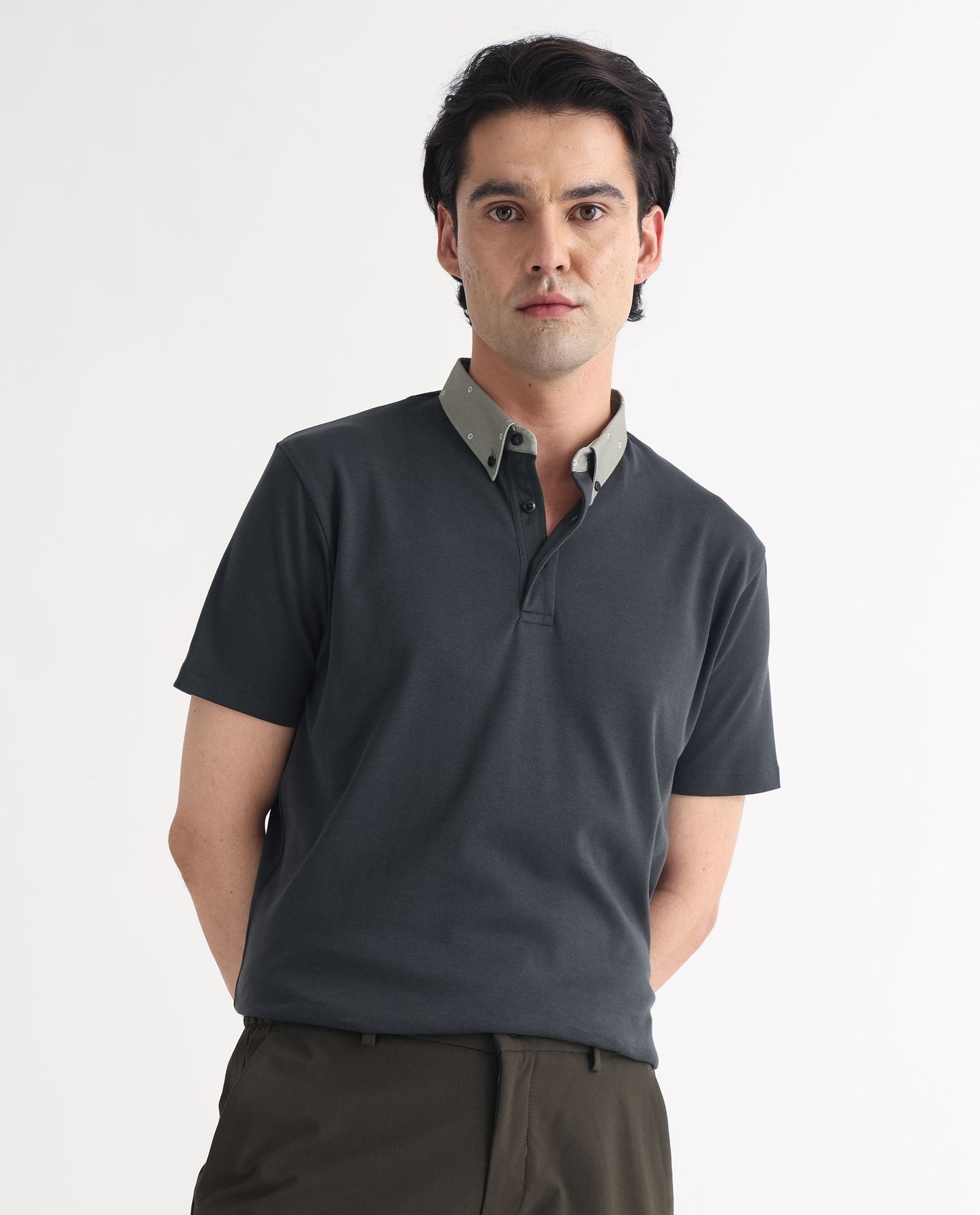 Rare Rabbit Men's Ringer-1 Olive Cotton Fabric Printed Collar Neck Half Sleeves Polo T-Shirt