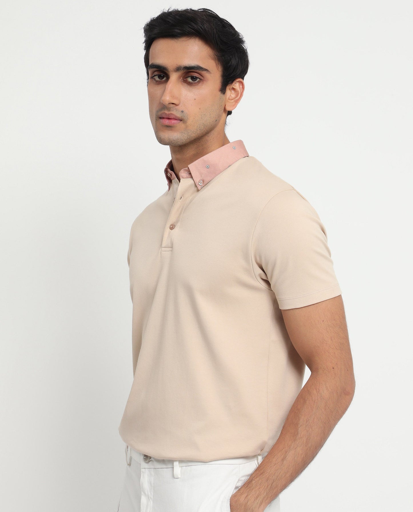 Rare Rabbit Men's Ringer-1 Beige Cotton Fabric Printed Collar Neck Half Sleeves Polo T-Shirt