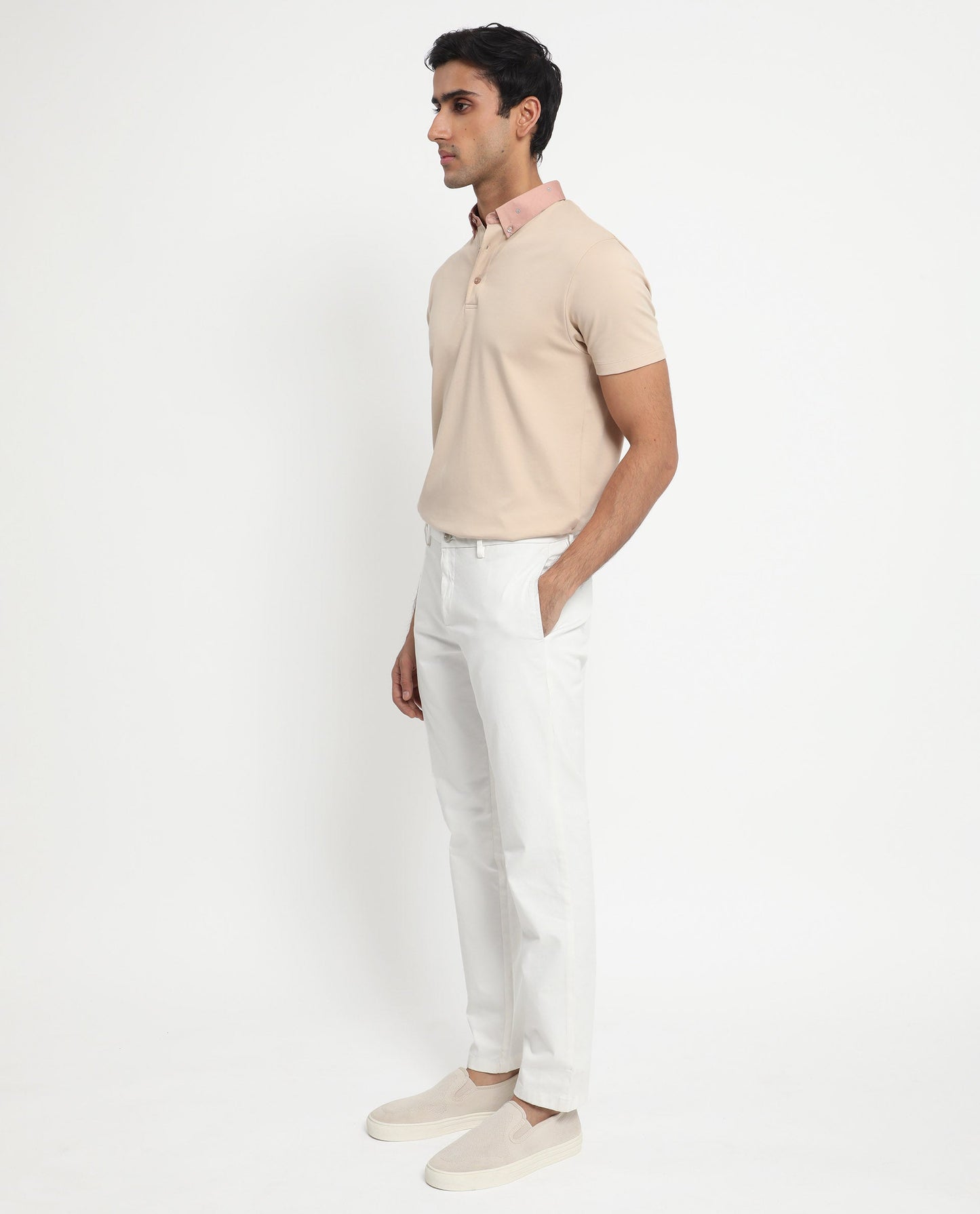 Rare Rabbit Men's Ringer-1 Beige Cotton Fabric Printed Collar Neck Half Sleeves Polo T-Shirt