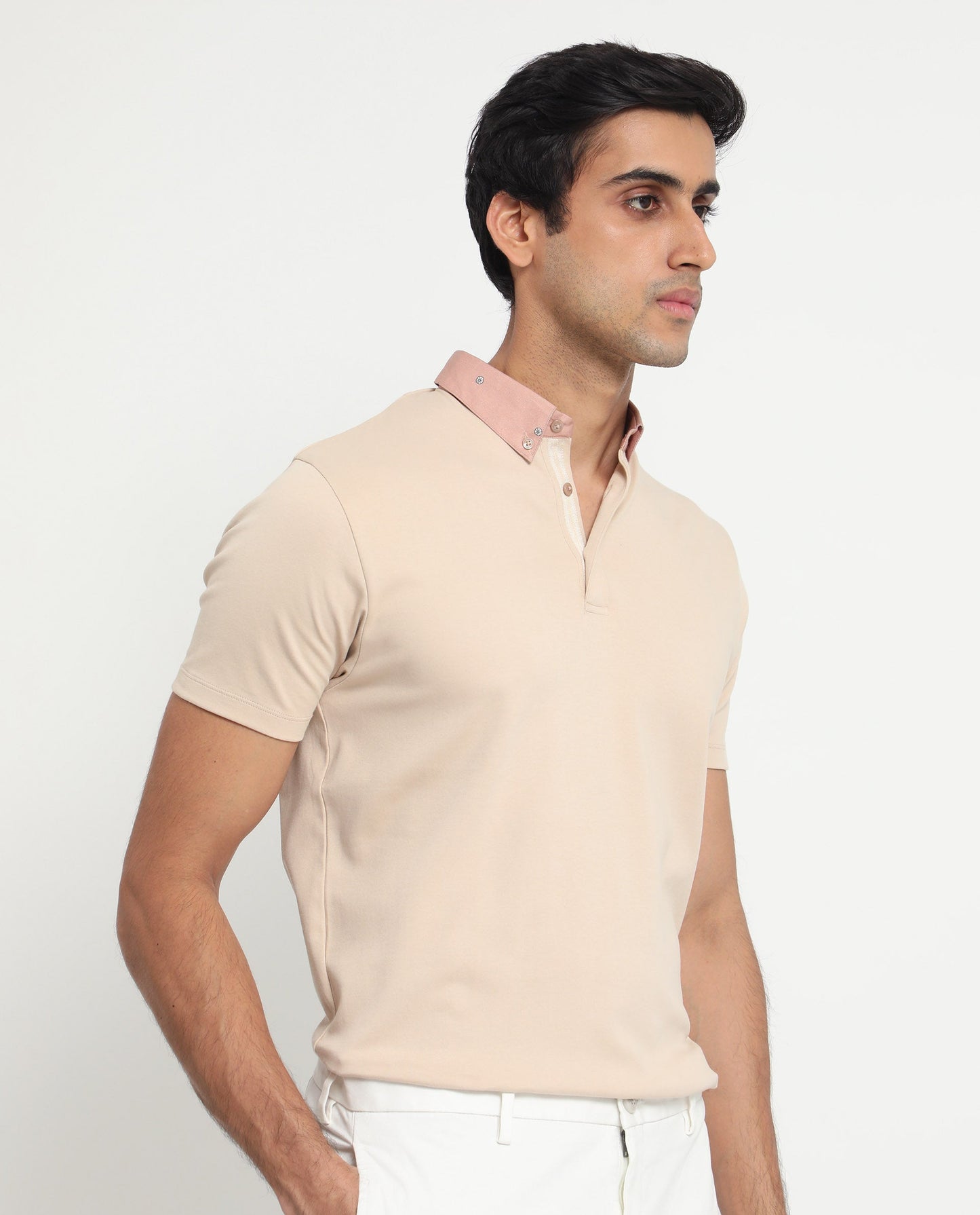 Rare Rabbit Men's Ringer-1 Beige Cotton Fabric Printed Collar Neck Half Sleeves Polo T-Shirt