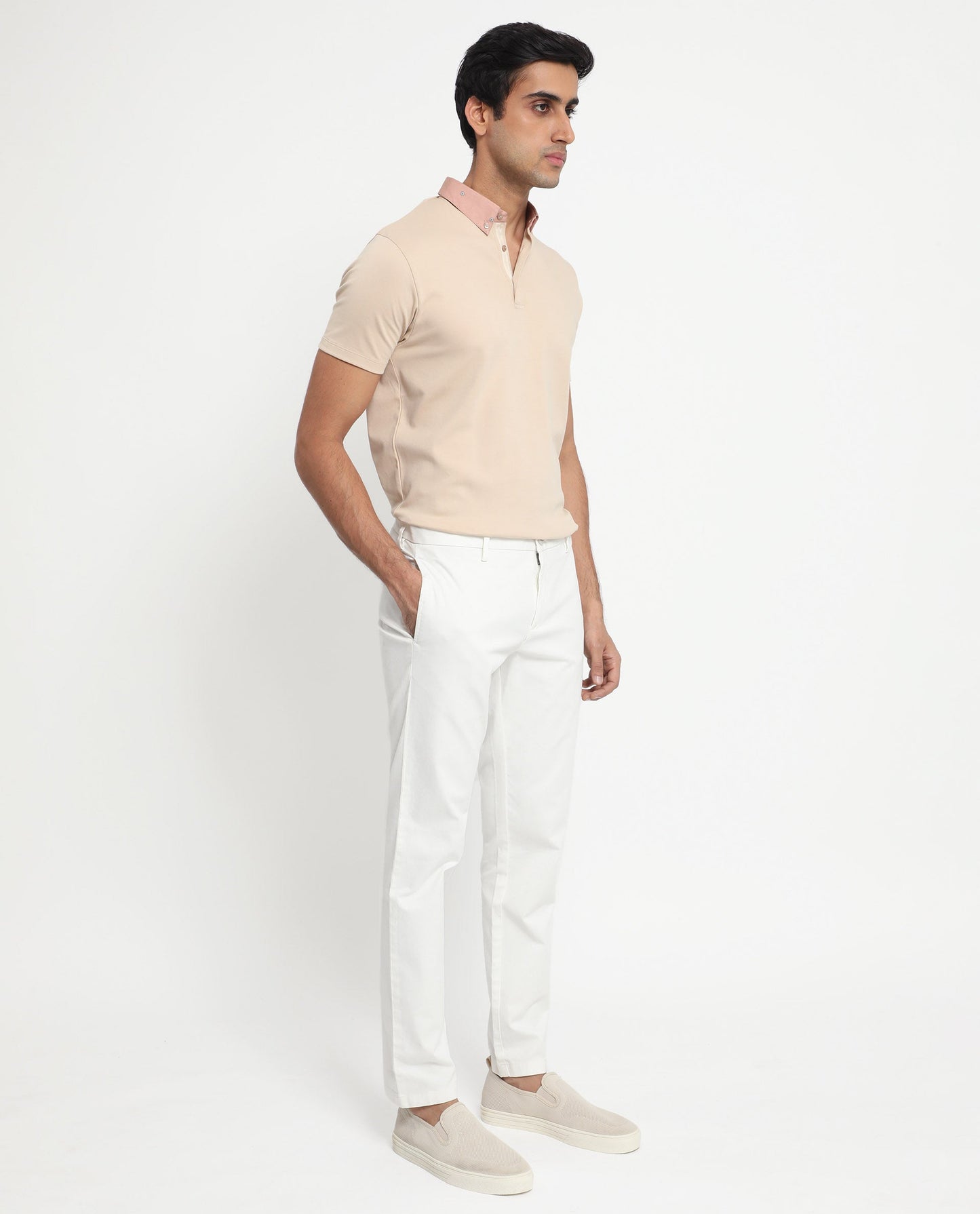 Rare Rabbit Men's Ringer-1 Beige Cotton Fabric Printed Collar Neck Half Sleeves Polo T-Shirt
